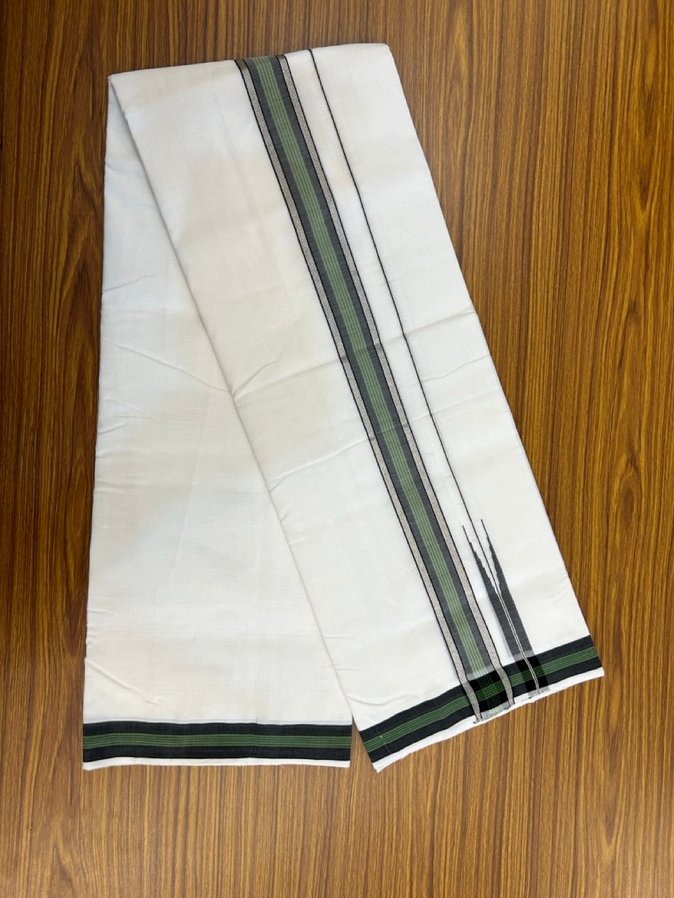 25% Discount!! NEW ULTRA PURE WHITE THREAD HANDLOOM Balaramapuram - 100% MERCERISED Cotton Double Mundu/Dhoti - 120 twisted warp x 80s weft - Green Black Stripes Silver Kasav Chutty Kara- 16KK5248 REA