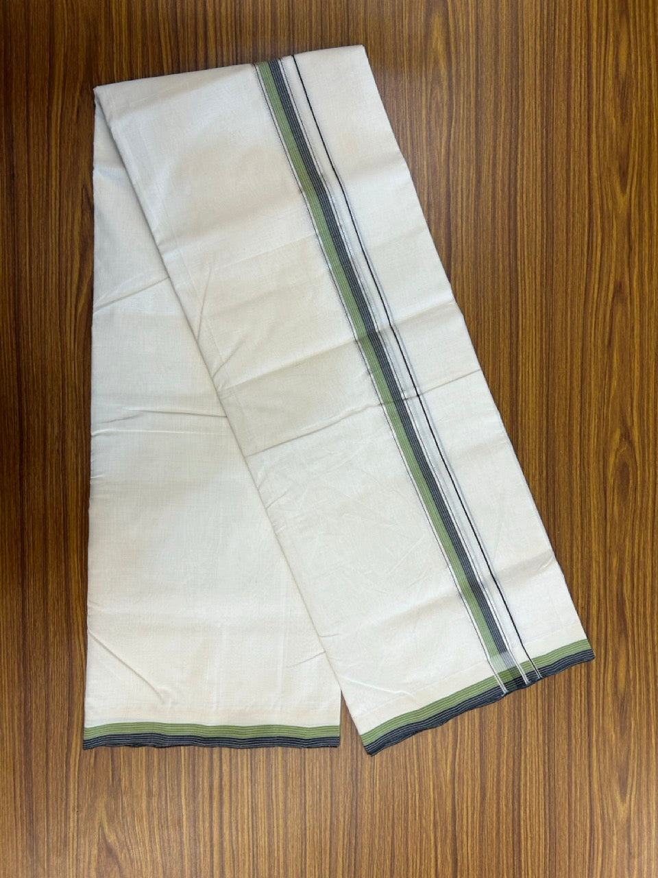 25% Discount!! KaithariKada HANDLOOM UNAKKUPAAV Balaramapuram - 100% PURE Cotton OFF White - (Unbleached) Double Mundu/Dothi - 120 x 100 - 1.5 inch Black & Light Green Silver Kasav Striped Kara 4 meter - 16 KK5249 REA