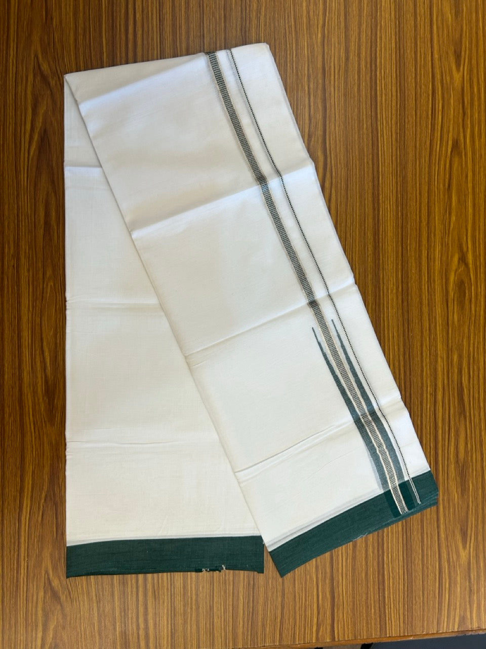 22% Discount ! NEW! KaithariKada Balaramapuram 100% Cotton Pure white Double Mundu/Dhoti - (100x80)s - Green Chutty Silver kasav - 16 KK5252 CKS