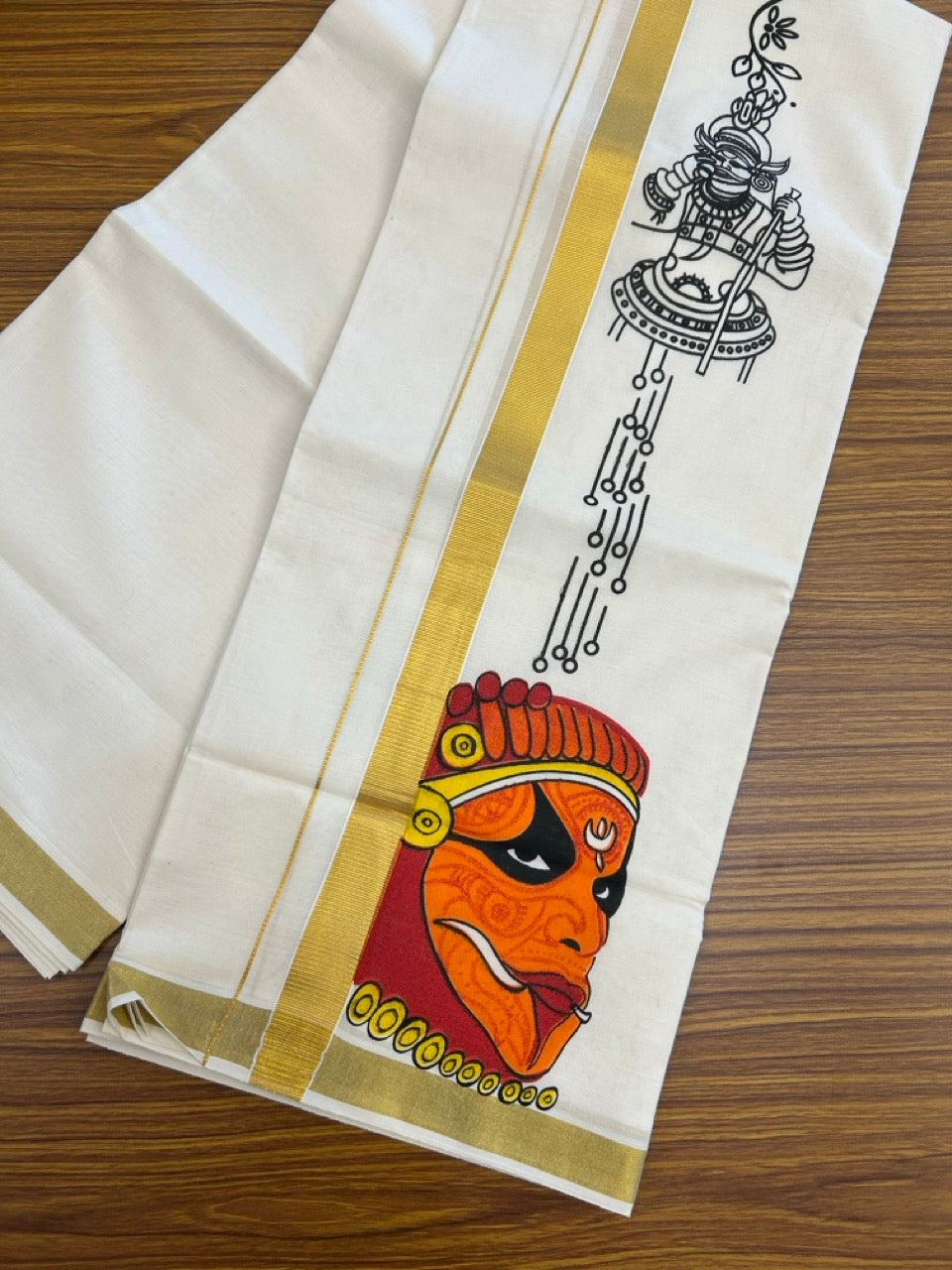 25% Discount!! KaithariKada Balaramapuram Pure Cotton Double Off white - (Ubleached) Mundu/Dhoti - 80x72 - 1 inch Kasavu & Theyyam Printed Design Kara - 16 KK5262 MUT