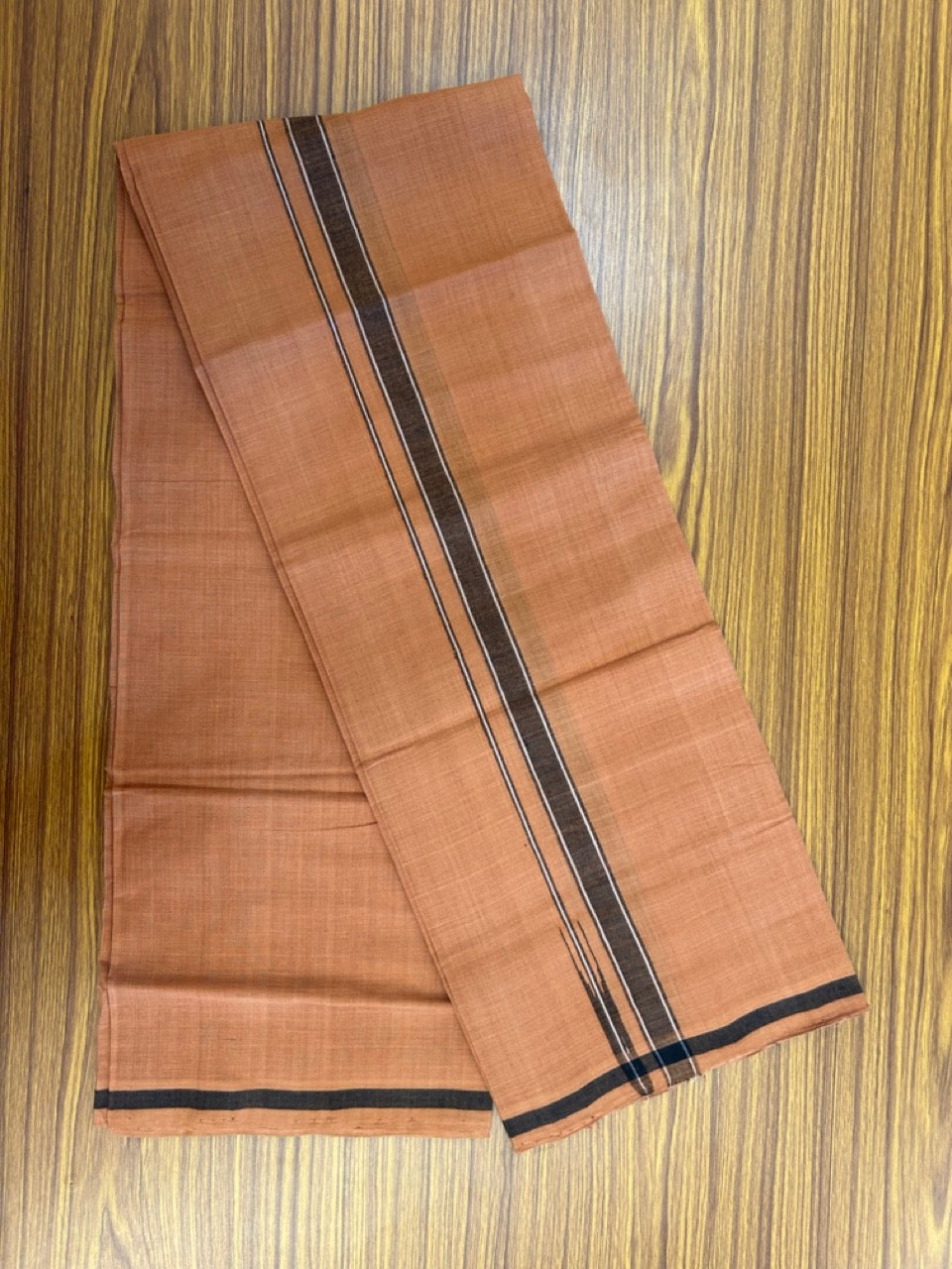 HANDLOOM Single KaithariKada - 10% Discount ! 100% Pure Cotton - Mundu/Dhoti KAVI COLOUR BODY 2cm BLACK & WHITE Kara Stripes Chutty (2 meter / 4 muzham)- 16KK8026ELA