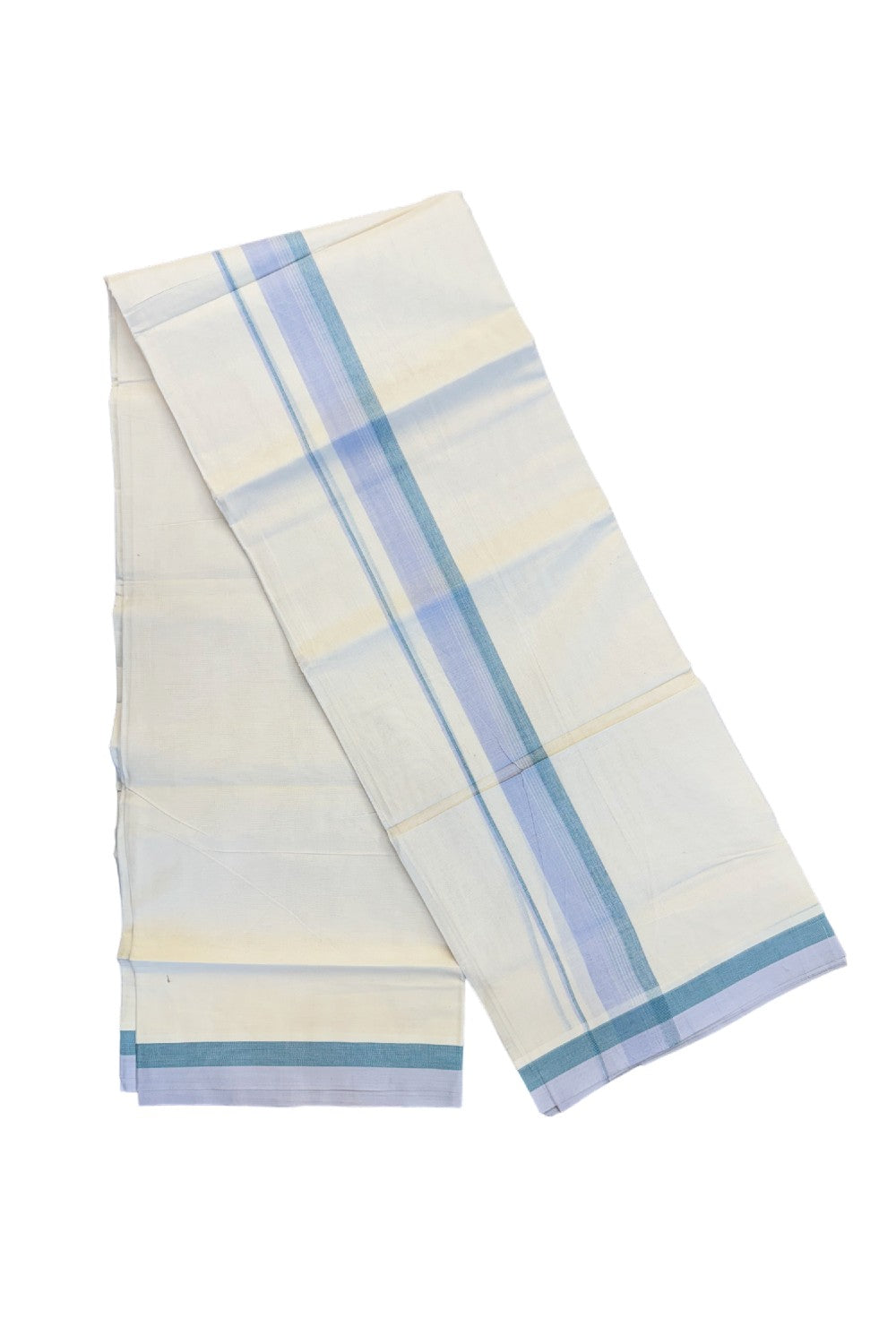 19% Discount! KaithariKada Balaramapuram 100%  Cotton Double off white - (Unbleached) Mundu/Dhoti - 100X100  light blue & green shaded kara with  centre stripes - 16KK81VIN