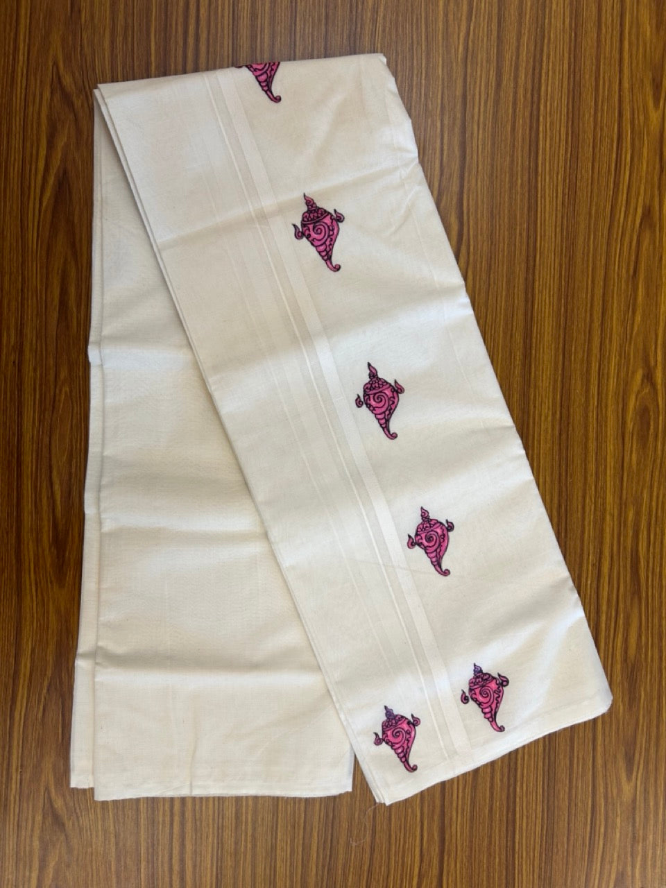 KaithariKada Balaramapuram 100% Cotton Double Off white - (Unbleached) Mundu/Dhoti-100x80 - 0.5 inch Hand Painted Deep Magenta Mural Design Kara 3.75 mtr (8 muzham) - 11 KK5244 ASH