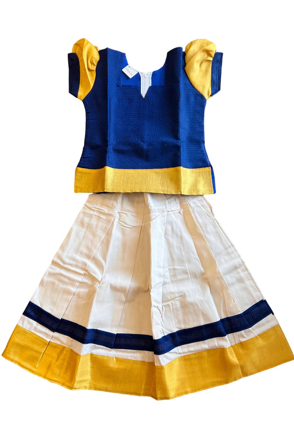 Midukki-Traditional South Indian Kids Pattu Pavada- Navy Blue top with emboss work offwhite skirt with kasavu - Age 4 - KK4MID0016
