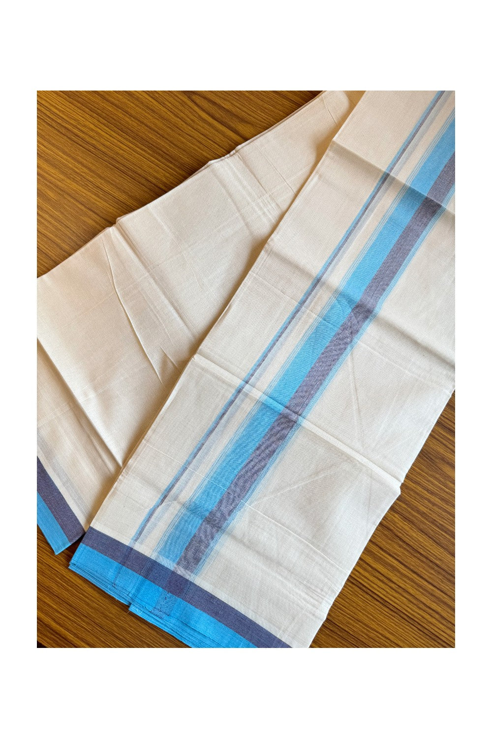19% DISCOUNT ! KaithariKada Balaramapuram 100% Cotton off white Double - (Unbleached) Mundu/Dhoti - 100X100 2.75 Inch Sky blue & Navy blue shaded kara with stripes - 16KK206VIN