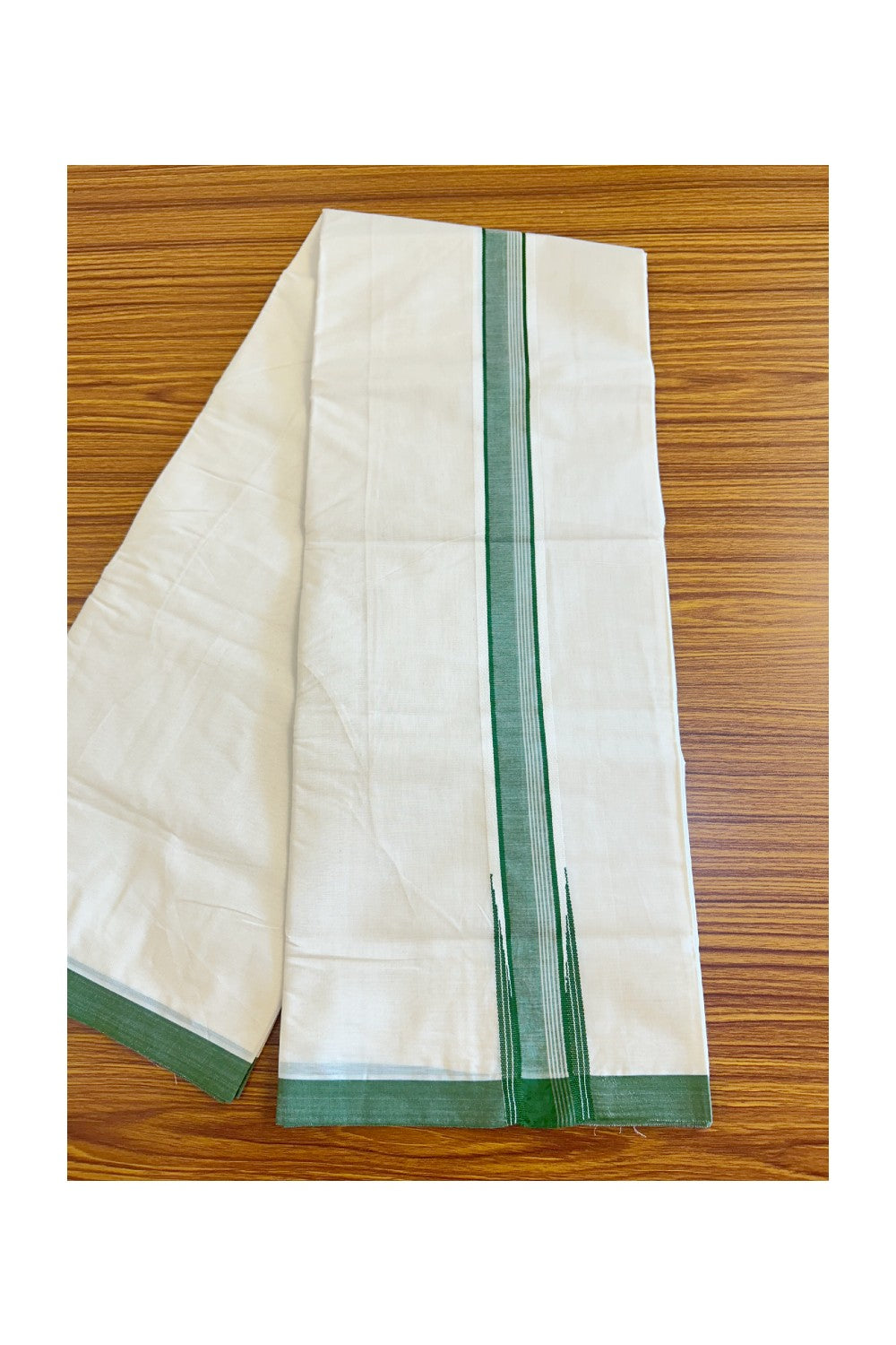 20% DISCOUNT ! KaithariKada 100% Cotton OFF WHITE (Unbleached) Double Dhoti/Mundu- 2 inch Puliyilakkara Army Green Wings Chutty - 20KK455ASH