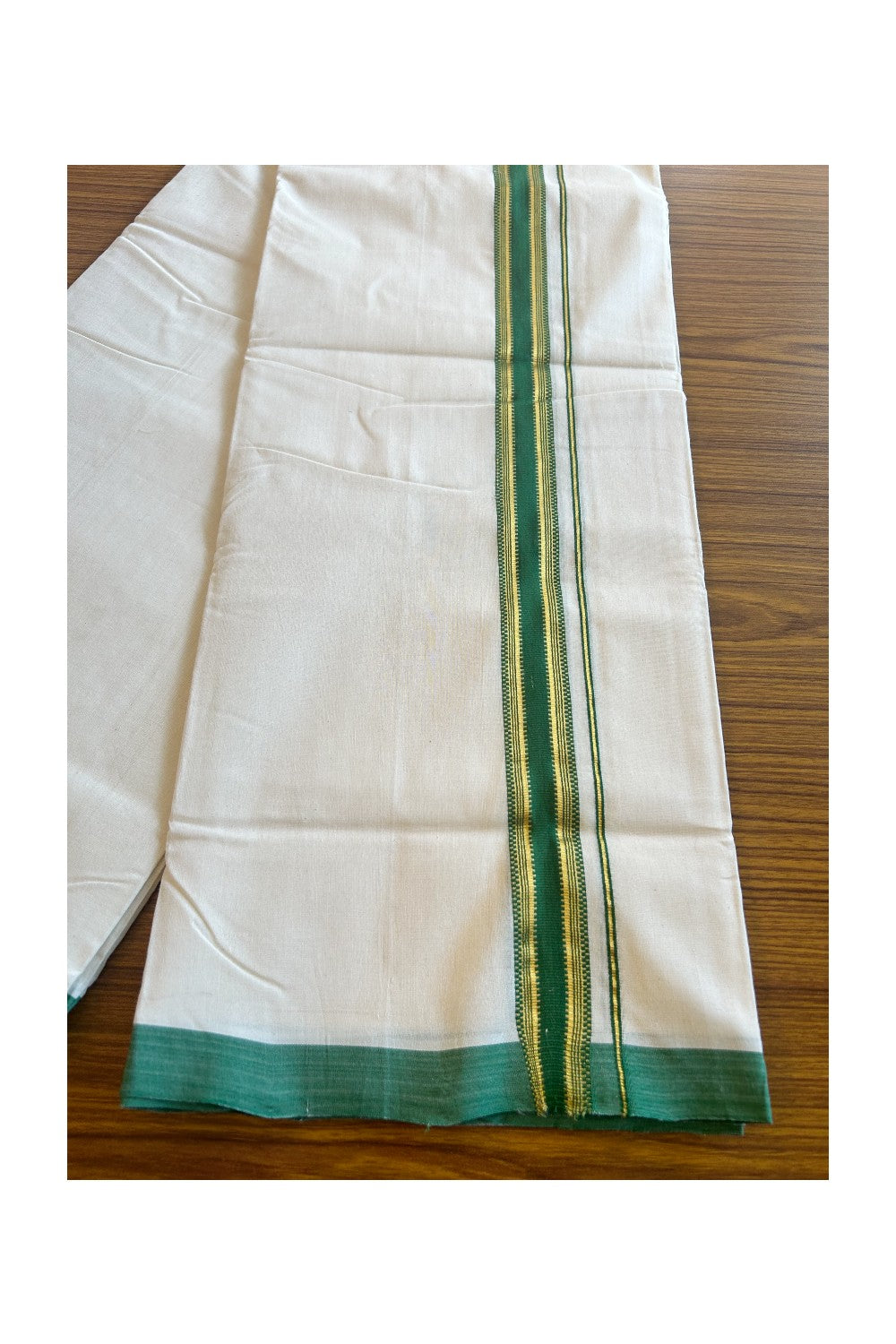 25% DISCOUNT!! KaithariKada HANDLOOM UNAKKUPAAV Balaramapuram - 100% PURE Cotton OFF White (Unbleached) Double Mundu/Dothi - 1.75 Inch Kasavu & Green striped pattern Kara - 16KK456KK