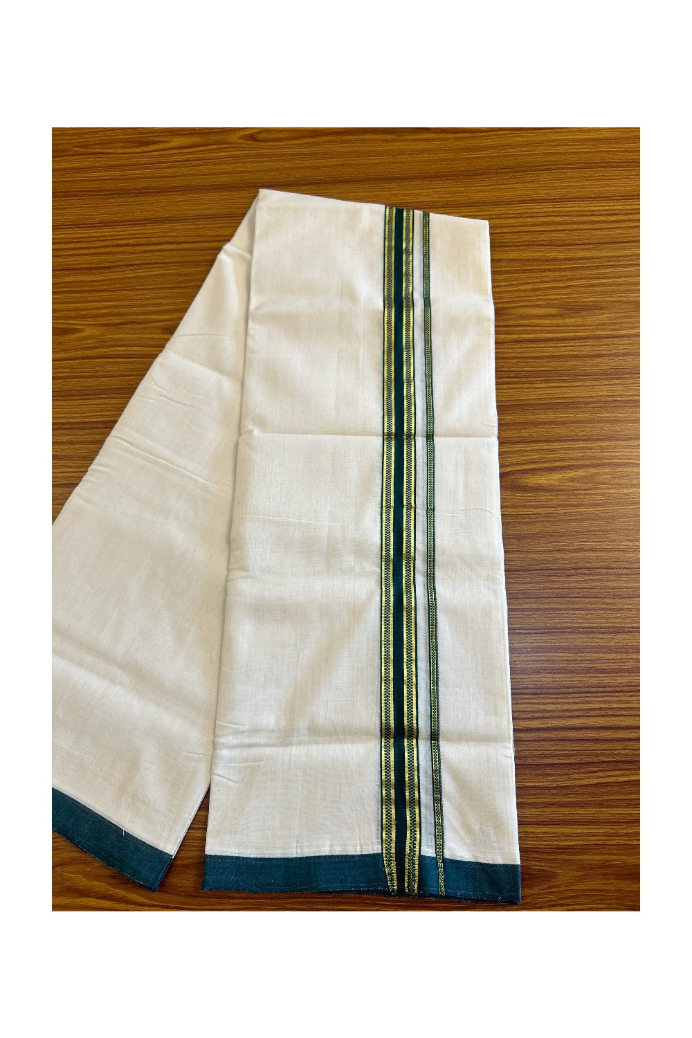 30% Discount!!! KaithariKada HANDLOOM UNAKKUPAAV Balaramapuram - 100% PURE Cotton off white (Unbleached) Double Mundu/Dhoti - 1.75 inch Kasavu & Dark green pattern kara - 16KK458SOM