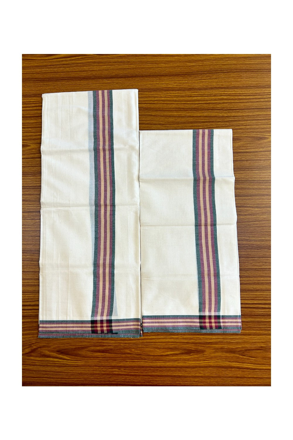 15% Discount!! KaithariKada - Kerala Cotton Single Set Mundu - EXTRA LENGTH - Green, Maroon & Yellow Stripes Mulloth Kara- 16KK472CKA