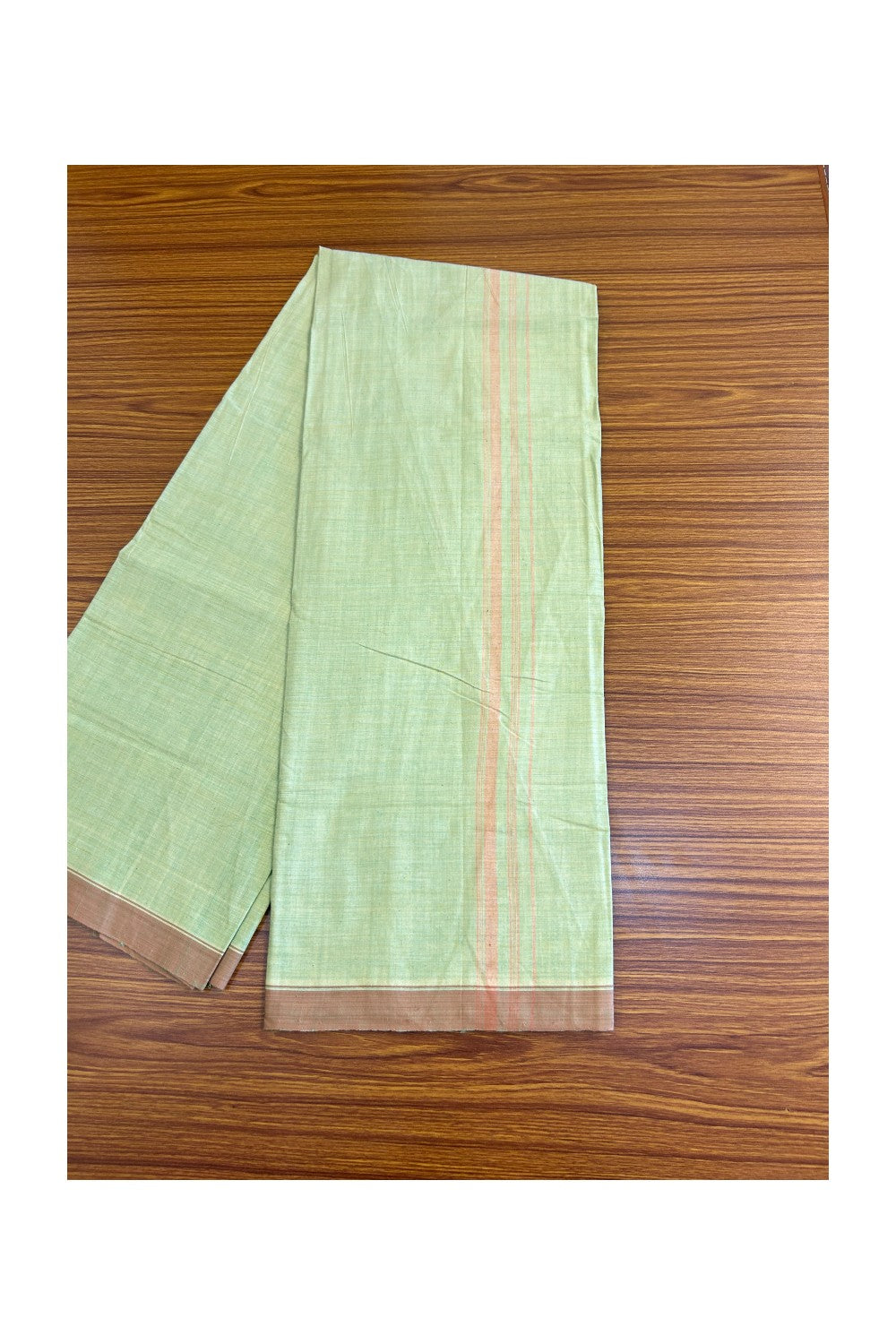 15% DISCOUNT ! KaithariKada Kalamachal 100% Pure Cotton - (80X80) Twisted Thread Handloom Single Mundu/Dhoti - Light Green COLOUR BODY & Brown stripes 1.5 inch Kara- 16KK479KAL