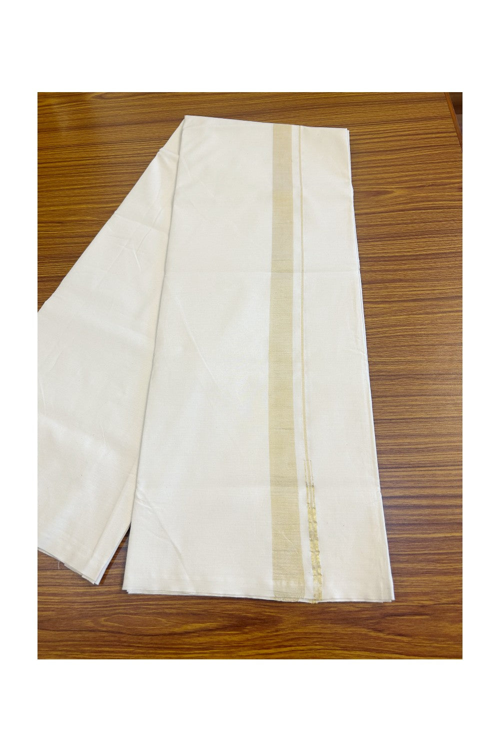 15% DISCOUNT ! KaithariKada Balaramapuram 100% COTTON SINGLE OFF WHITE - (Unbleached) Mundu/Dhoti-Twisted 100s Thread- 1. inch Gold Kasavu Puliyilakkara Chutty (2 meter / 4 muzham) - 3KK497ASH