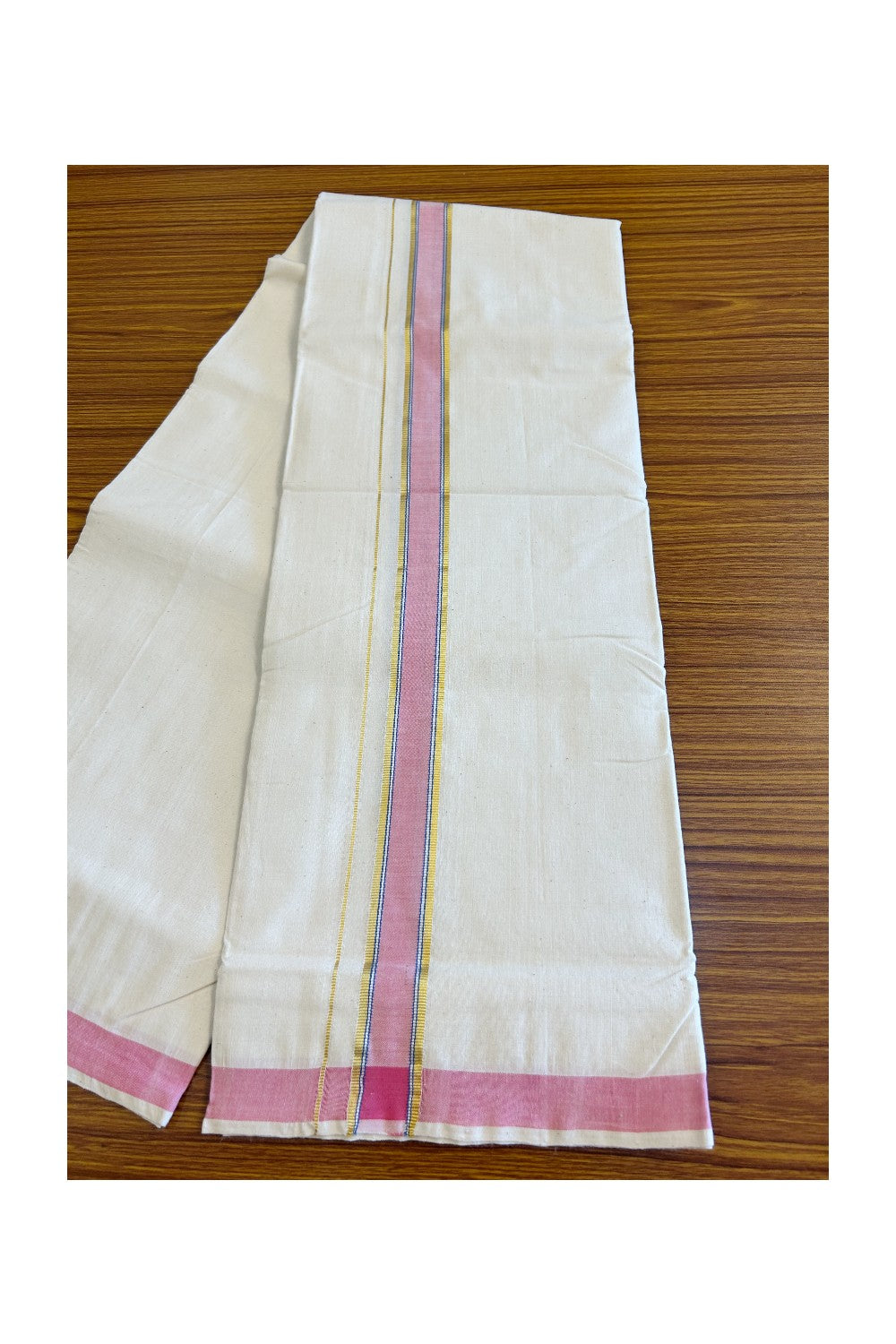 25% Discount KaithariKada 100% Cotton Balaramapuram HANDLOOM Single Mundu/Dhoti - Off White - (Unbleached) 1.75 Silver Pink & Blue Striped Kara (2 meter / 4 muzham) - 16KK499KK