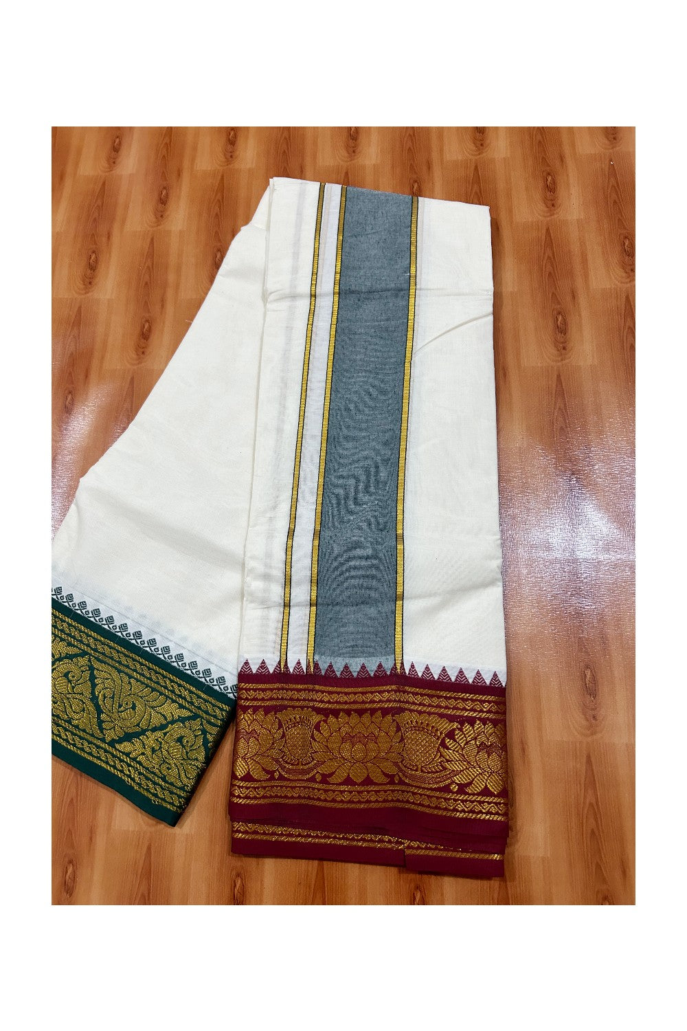 36% DISCOUNT! KaithariKada Cotton Mix Off White - (Unbleached)- 80x80 thread -80% Cotton &20% Polyester -NORTH INDIAN - ATTACHED GAMCHA 9X5 Dhoti 4 inch Green kara with Maroon Kasavu border - 16KK5005PMC