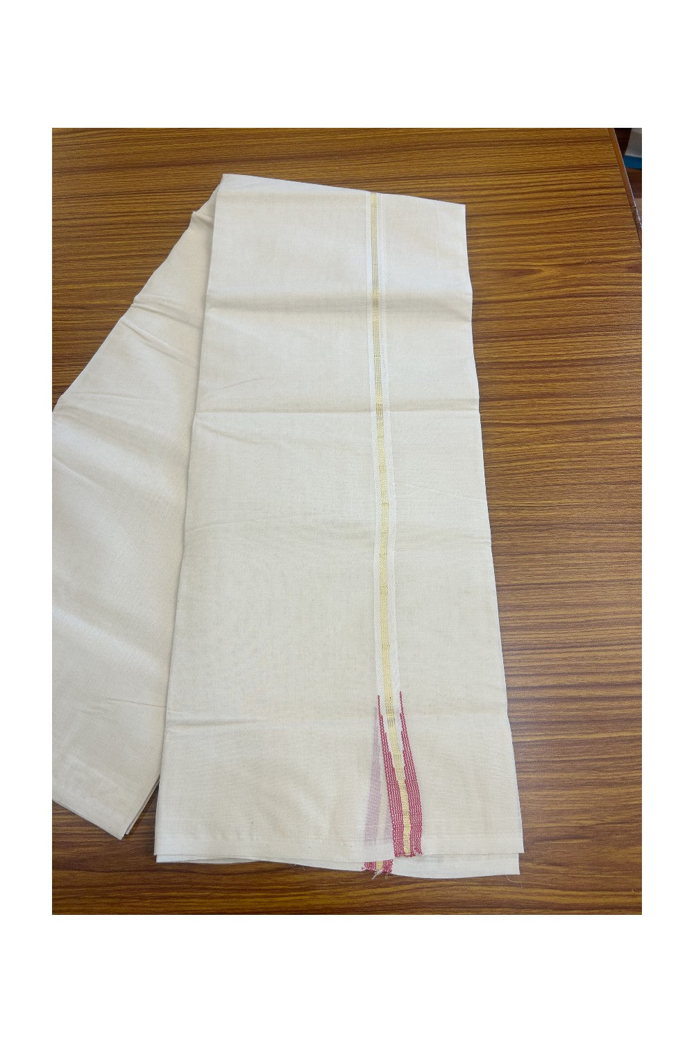18% Discount Latest!! KaithariKada Balaramapuram 100% Cotton Double Off white - (Unbleached) - Mundu/Dhoti-100x100 - 2 cm Puliyilakkara Chutty 4 line Kasavu & Reddish Pink Kara - 75