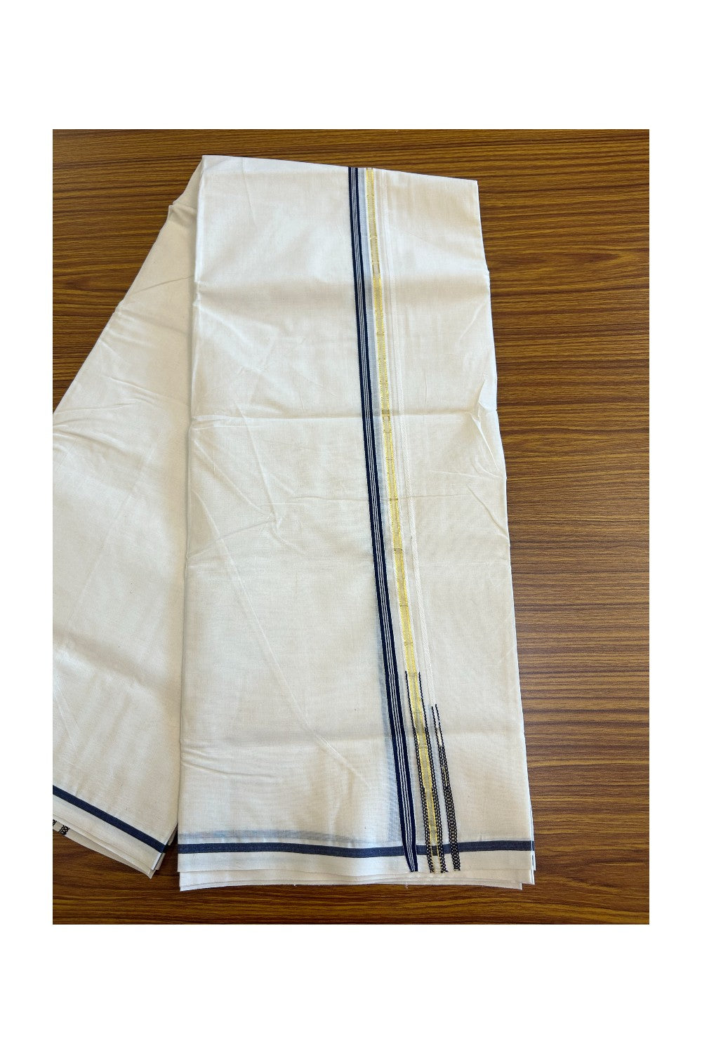 20% DISCOUNT! KaithariKada Balaramapuram 100% Cotton Double Off white - (Unbleached) - Mundu/Dhoti-100x100 1.5cm Chutty Puliyilakkara Navy Blue & Kasavu Kara Double Chutty-36