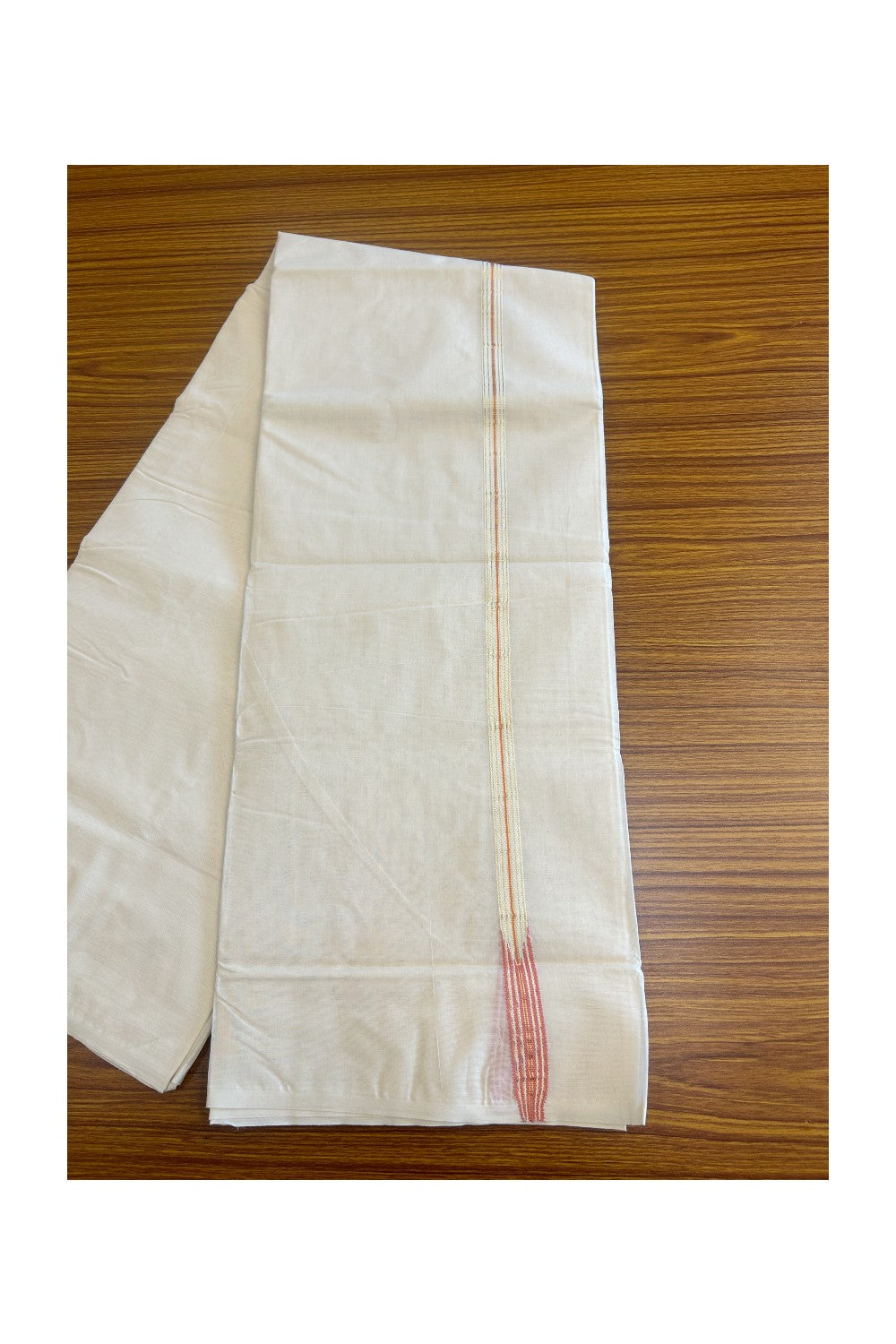 22% Discount! KaithariKada Balaramapuram 100% Cotton Double - (Unbleached) Mundu/Dhoti-100x100 Chutty Peach  & Golden Kasavu 0.75 inch  Kara- 23ASH03.