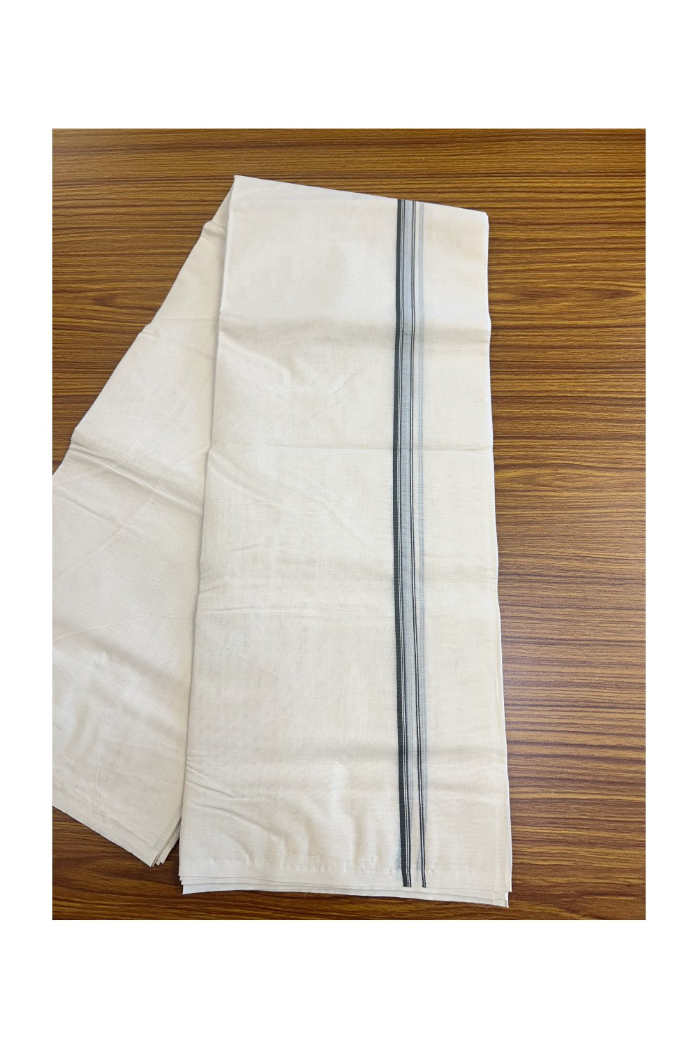 23% DISCOUNT ! KaithariKada Balaramapuram 100% Cotton Double Off white (Unbleached) Mundu/Dhoti-100X100- ASH GREY & STRIPES 2.cm Kara.- 15/1123ASH012.