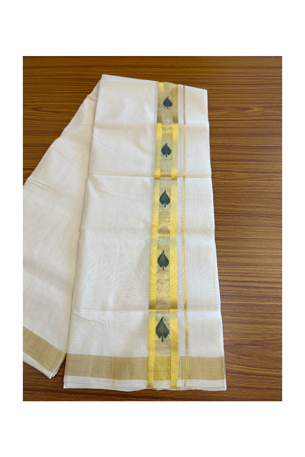 25% Discount!!! KaithariKada HANDLOOM UNAKKUPAAV Balaramapuram - 100% PURE Cotton off white (Unbleached) Double Mundu/Dhoti -100x 100 - 2.5 inch Kasavu with Centre Tissue & Green Leaf design kara - 15KK5096YAR