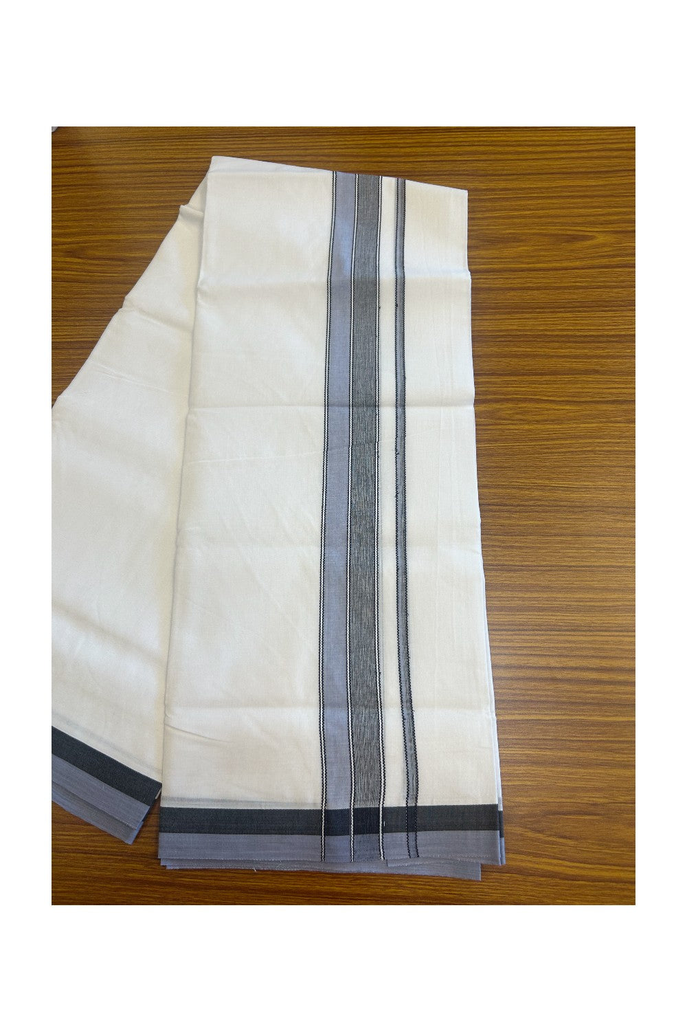 28% DISCOUNT! KaithariKada Balaramapuram 100% Cotton PURE WHITE Double Mundu/Dhoti-100x80 2.75 inch Light blue & Black shaded designer kara - 16KK5116MR