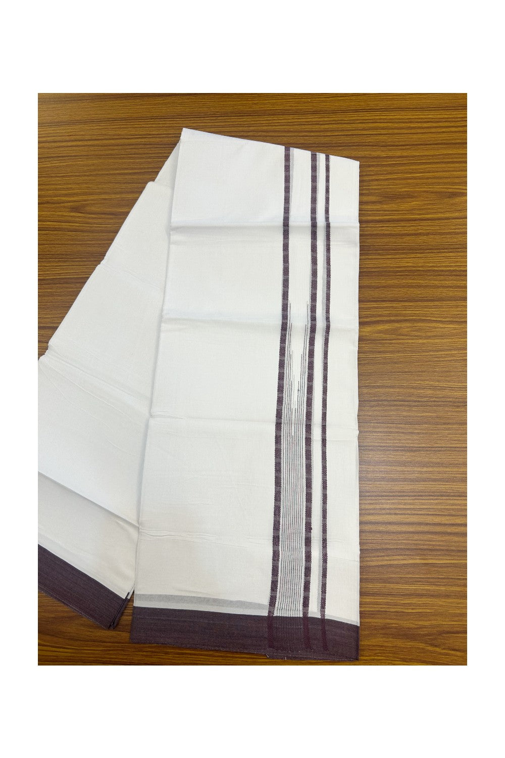 20% DISCOUNT! KaithariKada Balaramapuram DOUBLE PURE WHITE 100% Cotton Mundu/Dhoti - 100x80 - 1.5 inch Wine Purple Putta Design Chutty Kara - 16KK5174THI