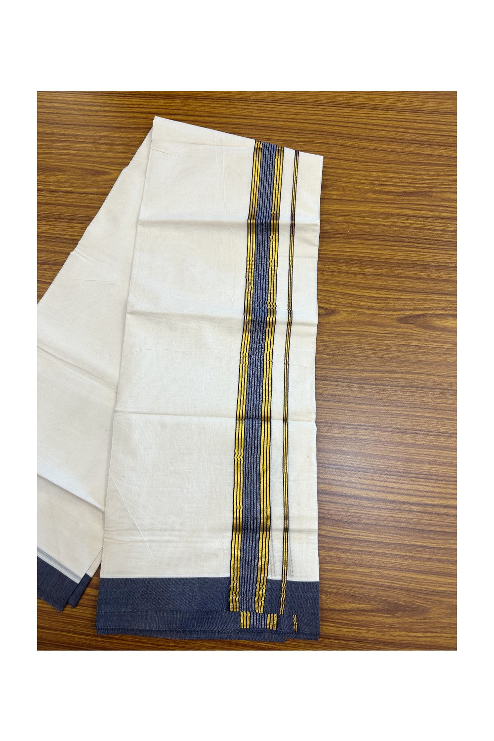 20% DISCOUNT! KaithariKada Balaramapuram Double OFF WHITE Mundu/Dhoti - 80x80- 1.5 Inch Gold Kasavu & Navy Blue Shaded striped Kara - 16KK5182VAS