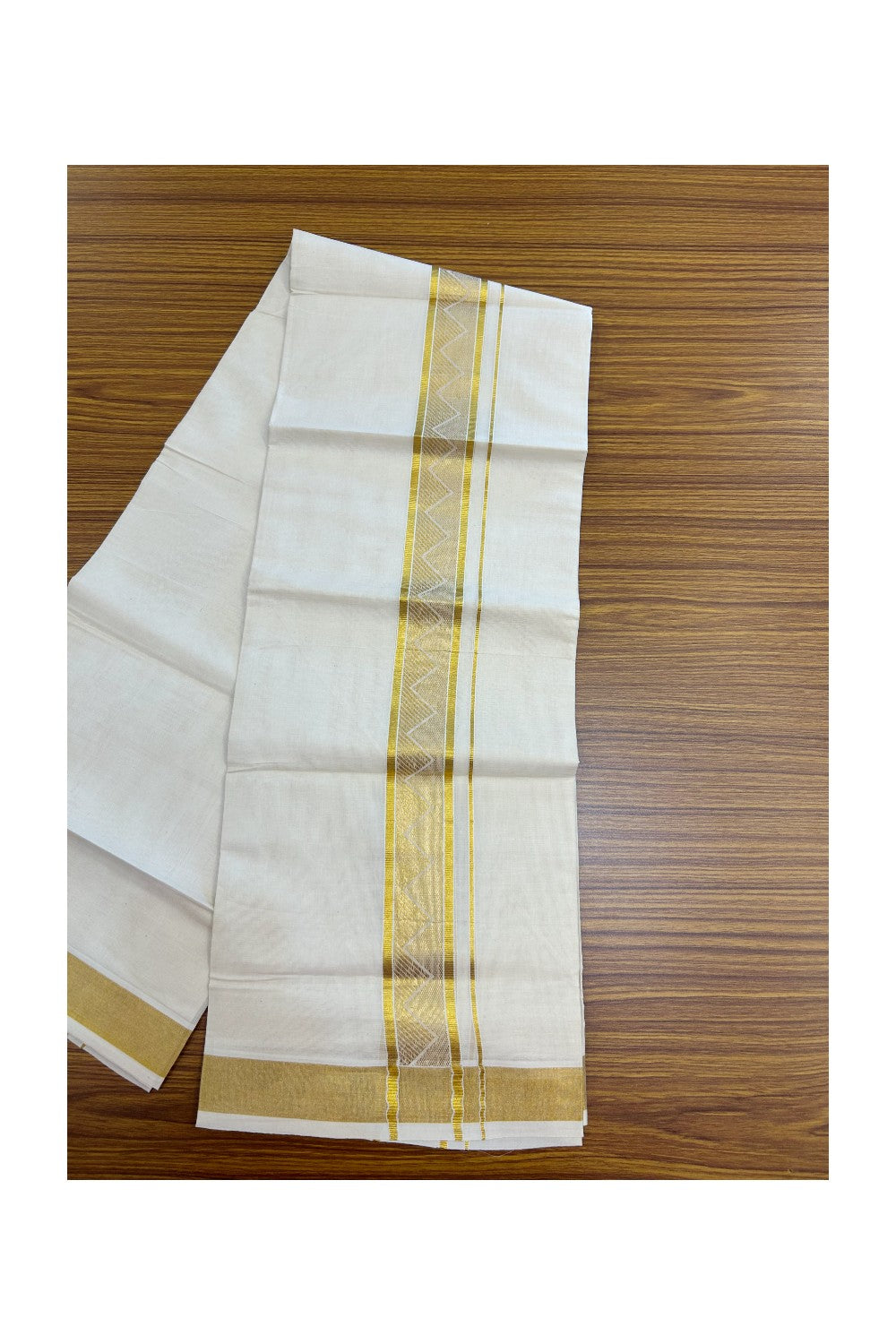 20% DISCOUNT! KaithariKada Balaramapuram 100% Pure Cotton off white - (Unbleached) Double Mundu/Dhoti - 100X80 - 1.75 inch Gold kasavu Jacquard Design kara - 16KK5186CKS