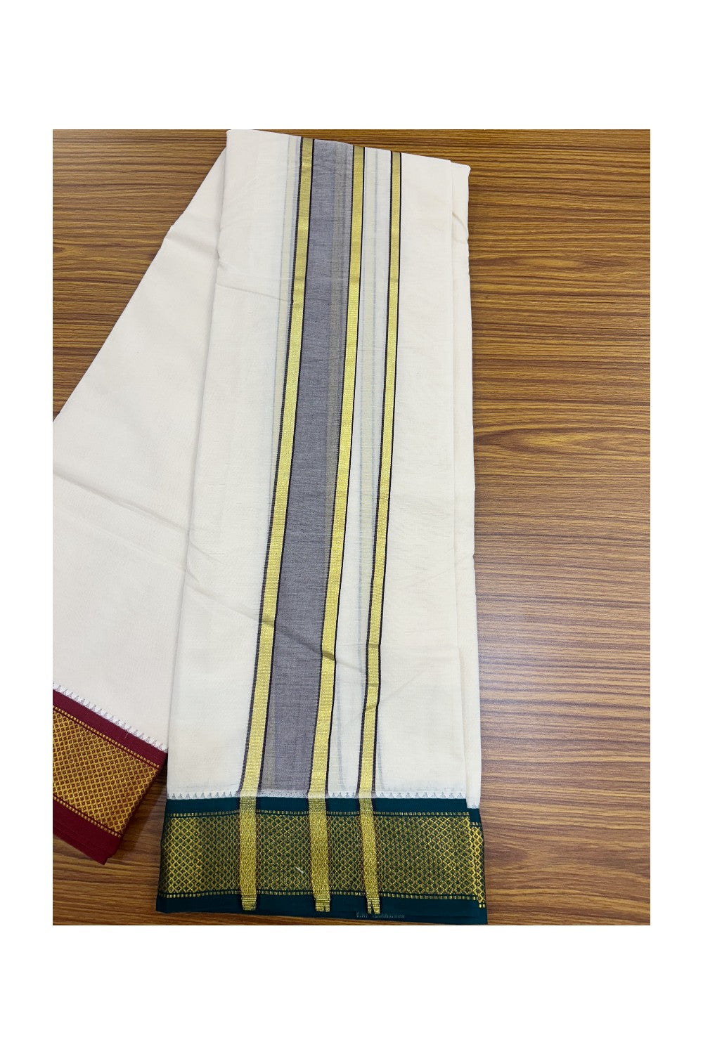 20% DISCOUNT! KaithariKada 100% Cotton Off White - (Unbleached) 100x100 thread - NORTH INDIAN- ATTACHED GAMCHA 9X5 Dhoti 2 inch Violet kara with Maroon & Green Kasavu border - 16KK5196PMC
