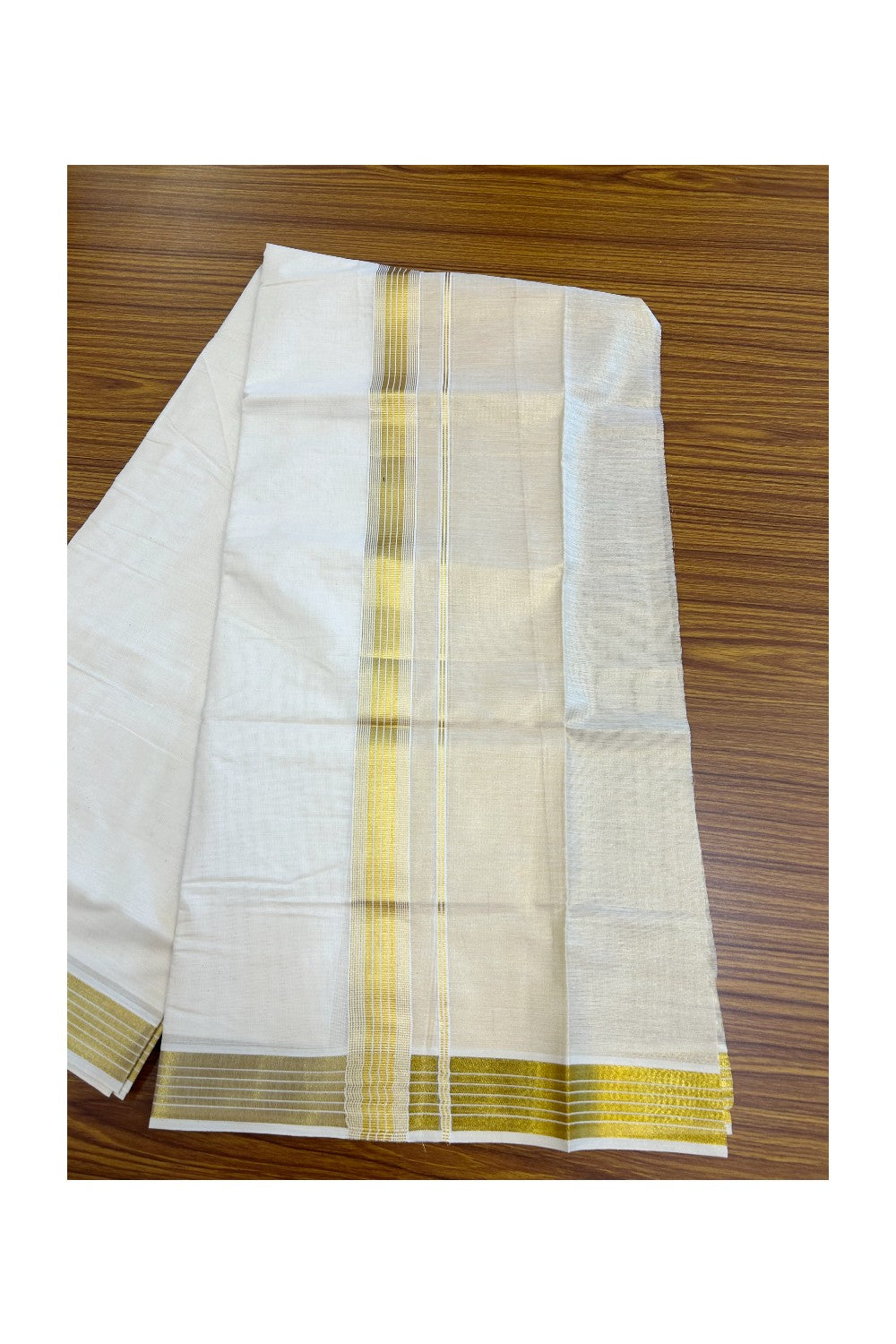 20% DISCOUNT ! KaithariKada Balaramapuram - 100% PURE Cotton Off White - (Unbleached) Double Mundu/Dhoti - 100X80 - 1.5 inch Gold Kasavu & Silver Kasavu Striped Kara - 16KK5212 VIN