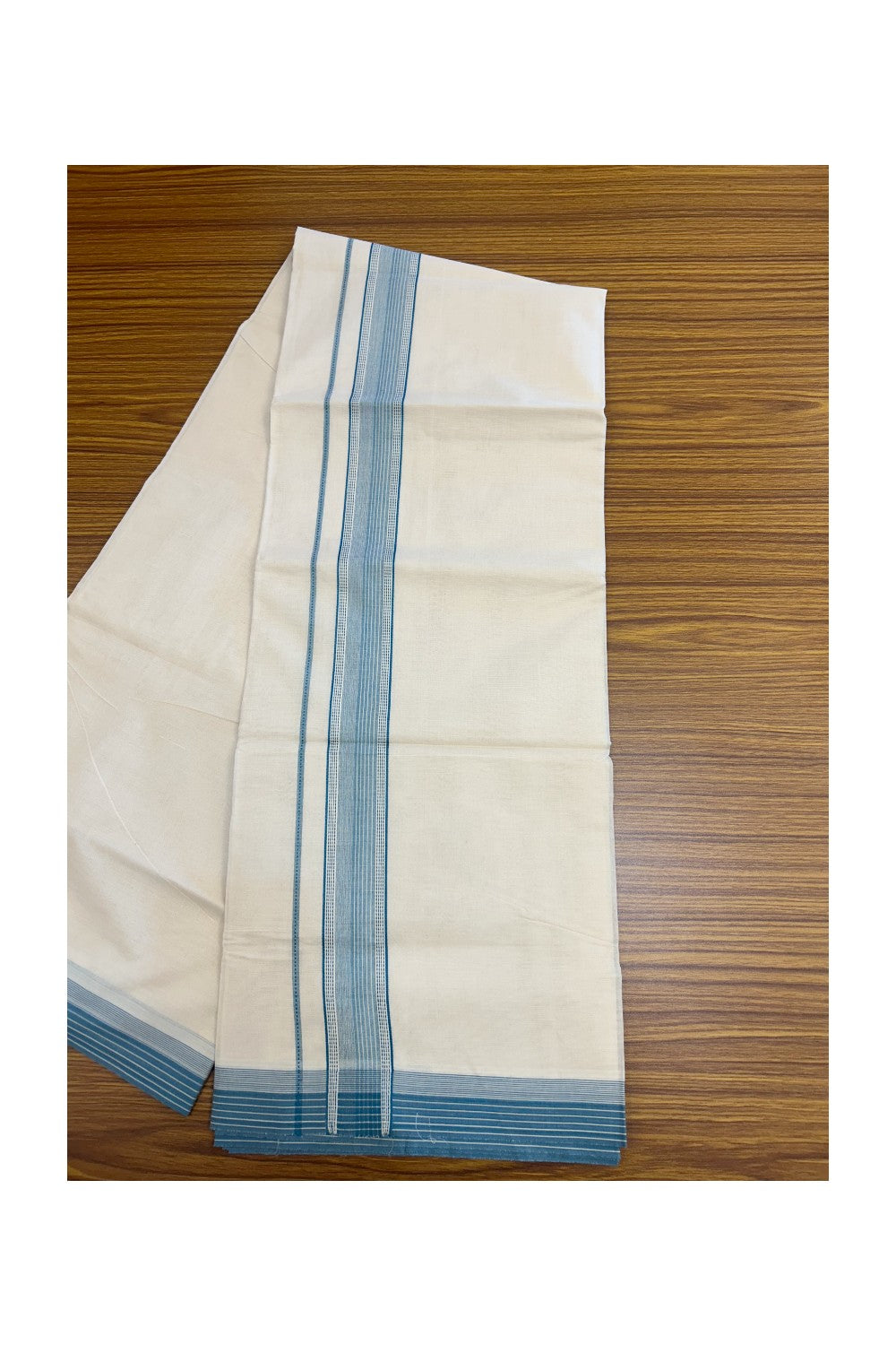 20% DISCOUNT ! KaithariKada Balaramapuram 100% Cotton OFF WHITE (Unbleached) Double Mundu/Dhoti - 100X80 - 1.5 inch Peacock Blue Stripes & Shaded Designer Kara - 16KK5213 VIN