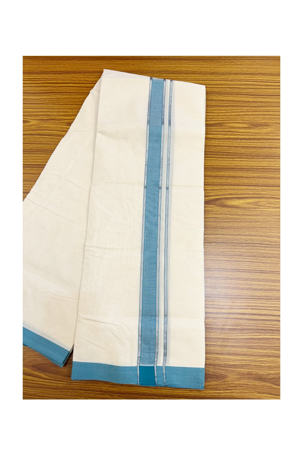 NEW !! 20% DISCOUNT!! KaithariKada Balaramapuram 100% Cotton Double Off white - (Unbleached) Mundu/Dhoti-100x80 - 1.5 inch Silver Kasavu & Teal Blue Shaded Striped KARA - 3.75 mtr (8 Muzham) - 16KK5218 ASH