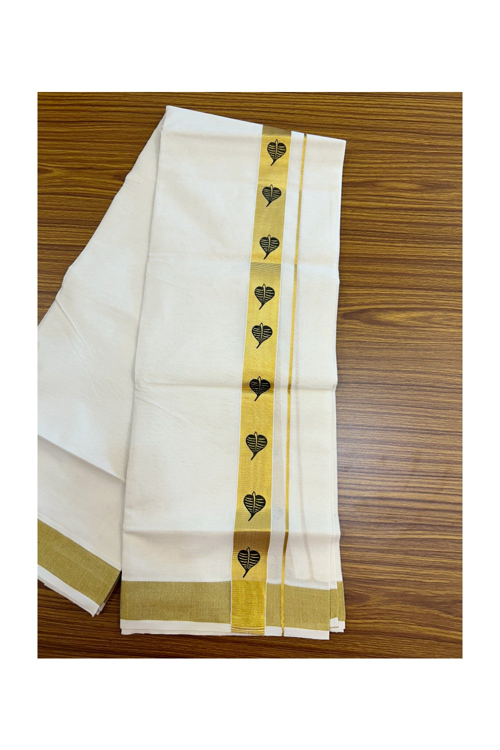 22% Discount!! KaithariKada Balaramapuram 100% Cotton DOUBLE OFF WHITE - (Ubleached) Mundu/Dhoti - 80x90 - 1.5 inch Gold Kasavu with Black Leaf Printed Design Kara - 16KK5219 GAN