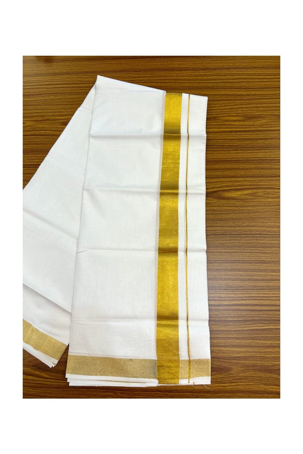 20% DISCOUNT!! KaithariKada Balaramapuram 100% Cotton DOUBLE PURE WHITE Mundu/Dhoti - 100x100 - 1.25 inch Gold Kasavu Kara 4 mtr (8.5 muzham) - 16KK5221 GAN