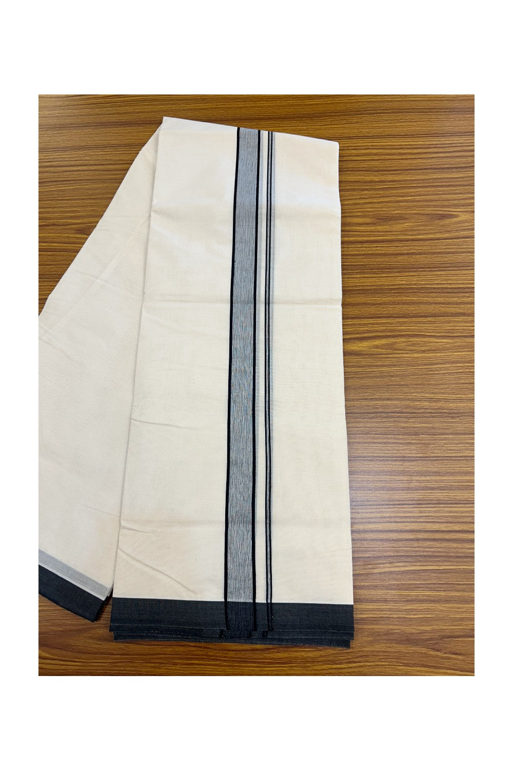 20% Discount KaithariKada Balaramapuram 100% Cotton Double Off white - (Unbleached) - Mundu/Dhoti - 100x100 - 1.25 inch Black Shaded Kara - 16KK5226 ASH
