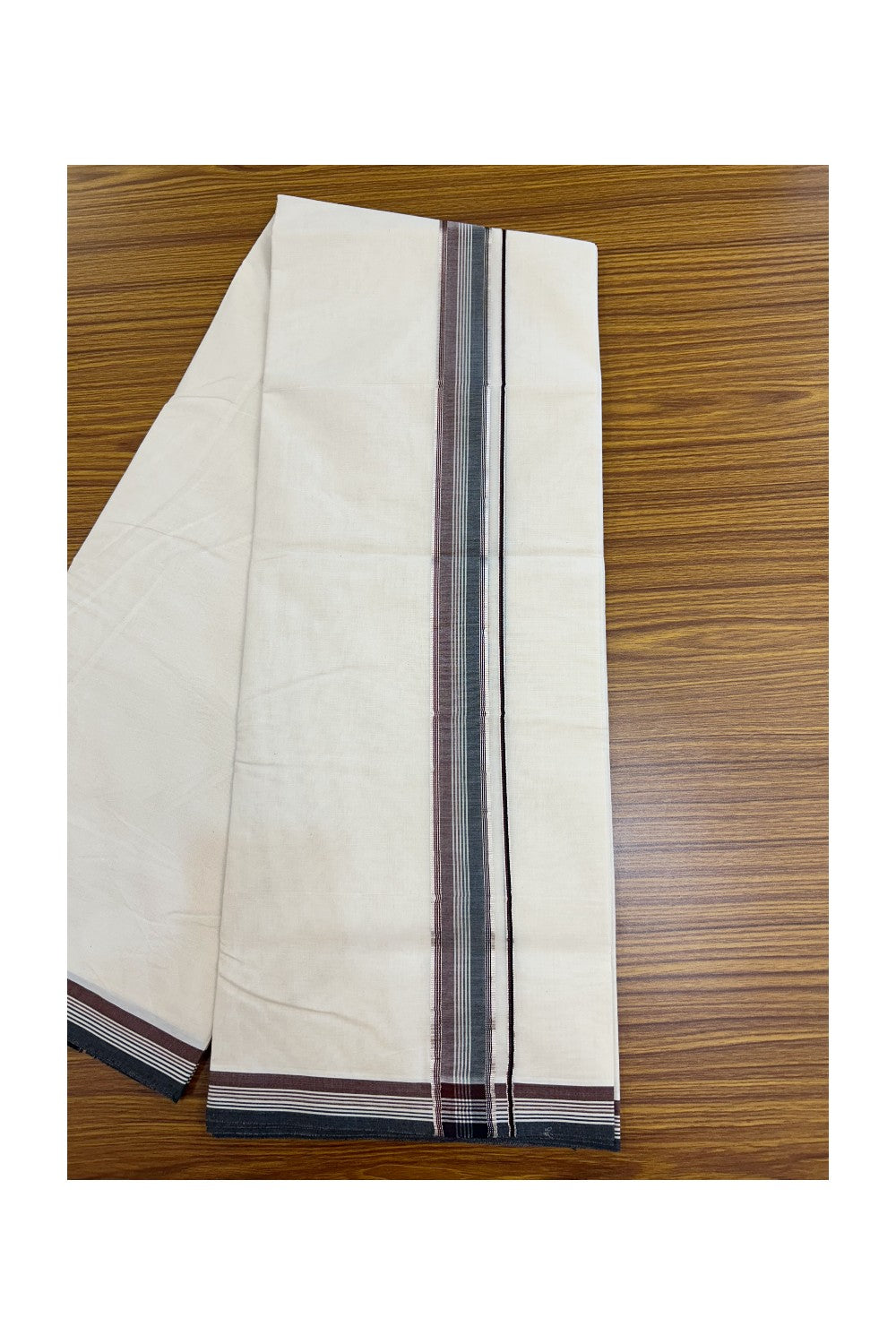 20% Discount KaithariKada Balaramapuram 100% Cotton Double Off white - (Unbleached) - Mundu/Dhoti - 100x100 - 1.5 inch Silver Kasav Black & Dark Maroon Striped Kara - 4 mtr ( 8.5muzham)- 16KK5228 ASH