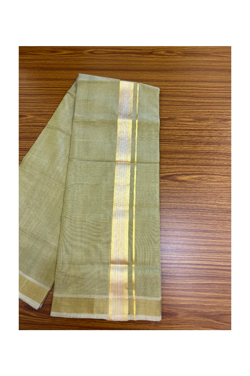 25% Discount! KaithariKada Handloom UNAKKUPAAV Balaramapuram - 100% Cotton Double Mundu/Dhoti - 80x90 - 1.5 inch Gold Kasavu & silver Jacquard Design Kara with Pastel Olive green Colour Body 4 mtr (8.5 Muzham) - 15KK5231 ABH