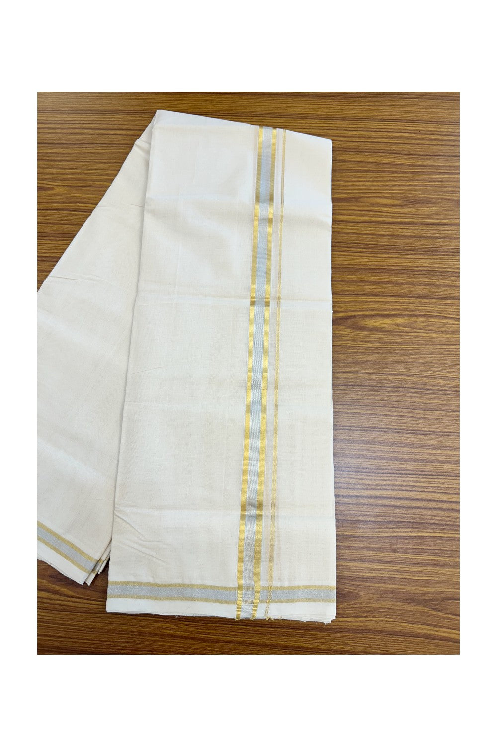 25% DISCOUNT ! KaithariKada HANDLOOM MILLPAAV Balaramapuram - 100% PURE Cotton Off White - (Unbleached) Double Mundu/Dhoti - 80X90 - 1 inch Gold Kasavu & Silver Kasavu Stripes Kara 4 mtr (8.5 muzham)- 16KK5234 RAM