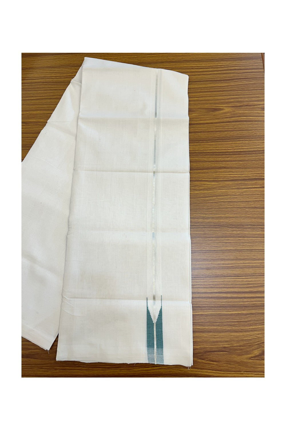 25% Discount!!! KaithariKada HANDLOOM UNAKKUPAAV Balaramapuram - 100% PURE Cotton OFF WHITE (Unbleached) Double Mundu/Dhoti - 80x90 - 1 inch Silver kasavu Green shaded chutty 4 Mtr (8.5 Muzham) - 16KK5235 YAR