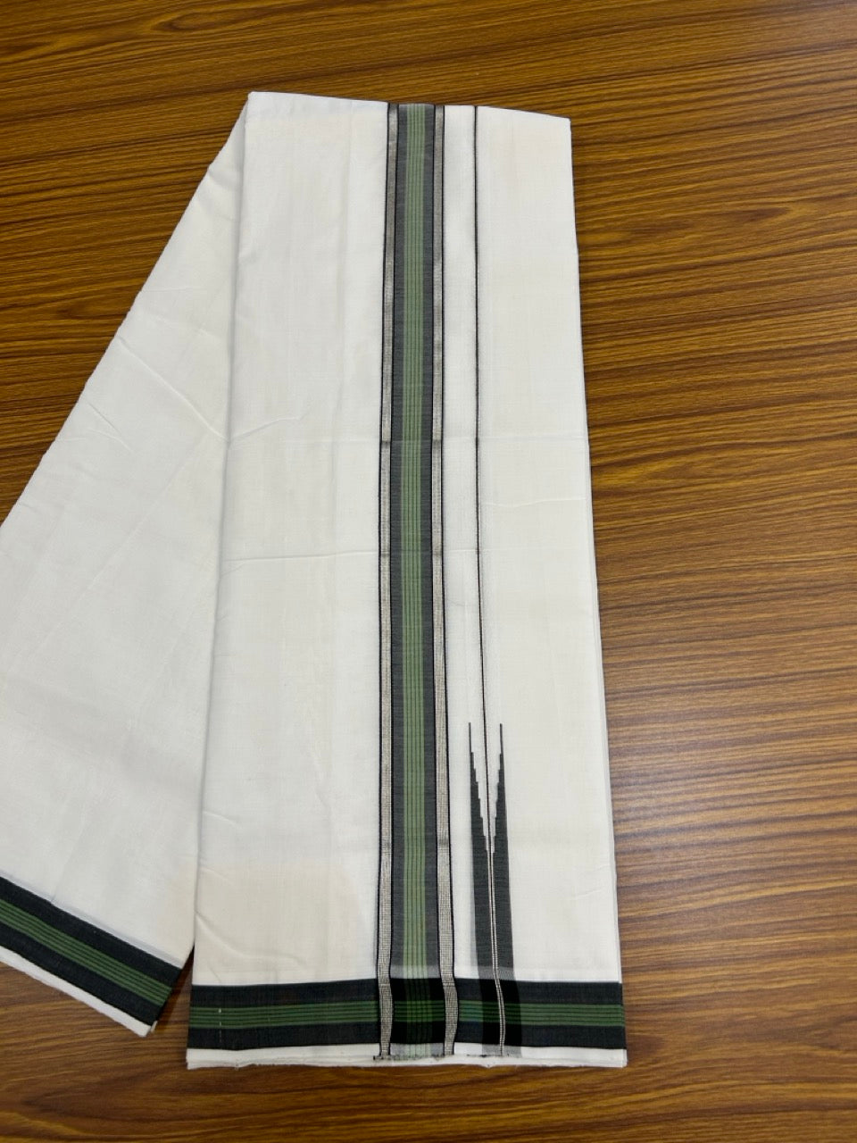 25% Discount!! NEW ULTRA PURE WHITE THREAD HANDLOOM Balaramapuram - 100% MERCERISED Cotton Double Mundu/Dhoti - 120 twisted warp x 80s weft - Green Black Stripes Silver Kasav Chutty Kara- 16KK5248 REA