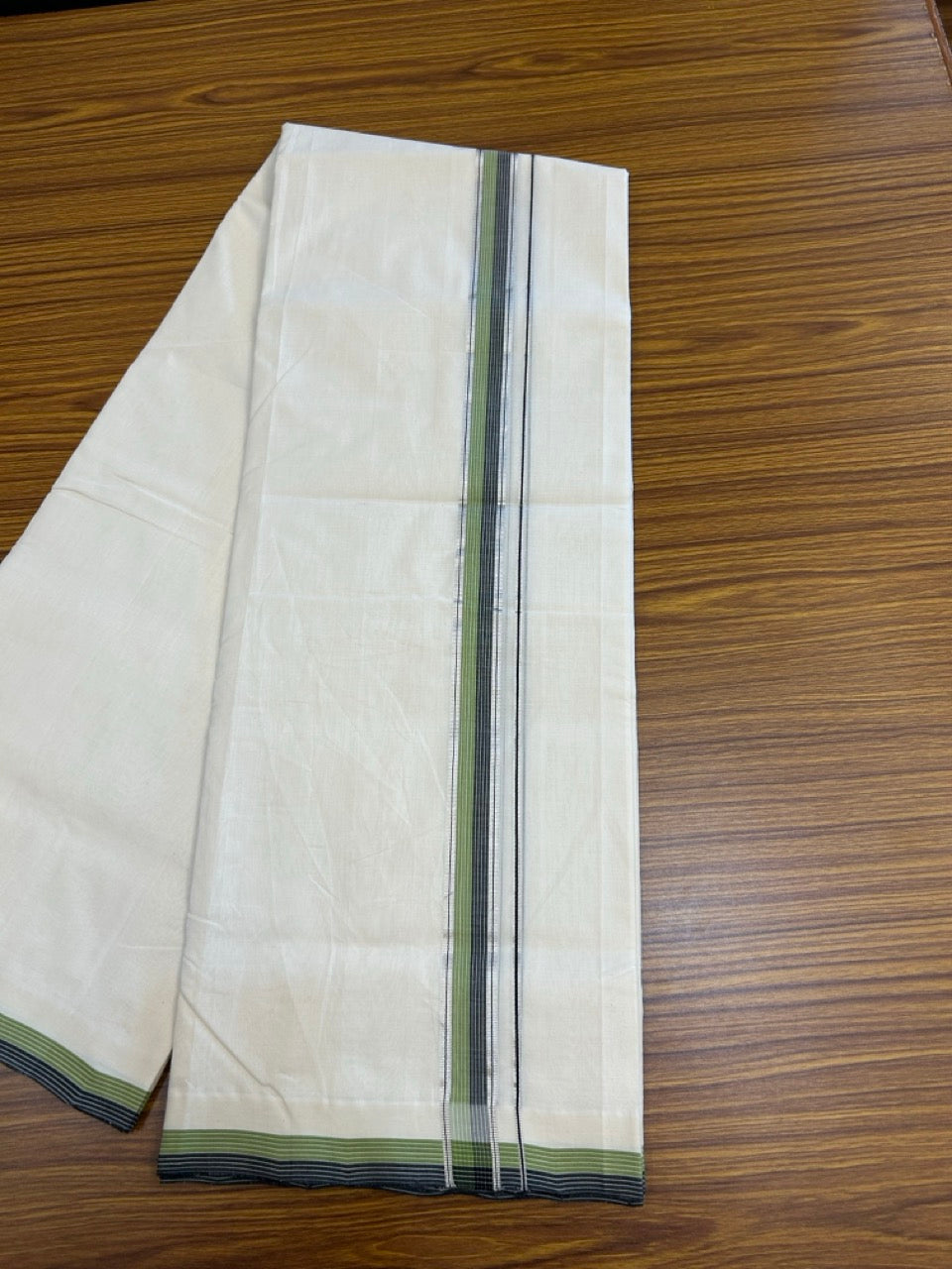 25% Discount!! KaithariKada HANDLOOM UNAKKUPAAV Balaramapuram - 100% PURE Cotton OFF White - (Unbleached) Double Mundu/Dothi - 120 x 100 - 1.5 inch Black & Light Green Silver Kasav Striped Kara 4 meter - 16 KK5249 REA