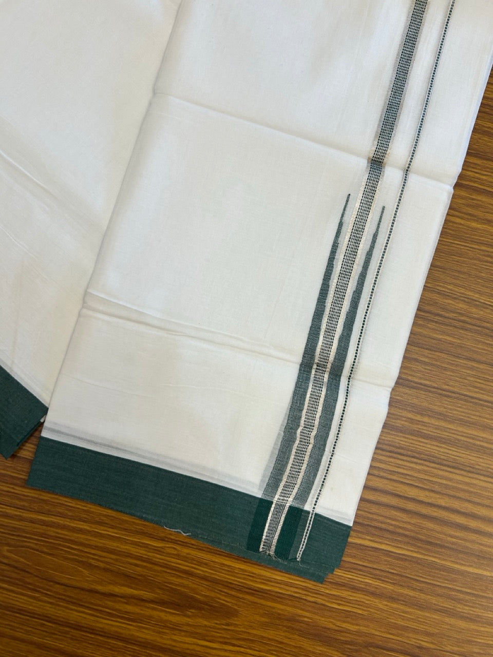 22% Discount ! NEW! KaithariKada Balaramapuram 100% Cotton Pure white Double Mundu/Dhoti - (100x80)s - Green Chutty Silver kasav - 16 KK5252 CKS