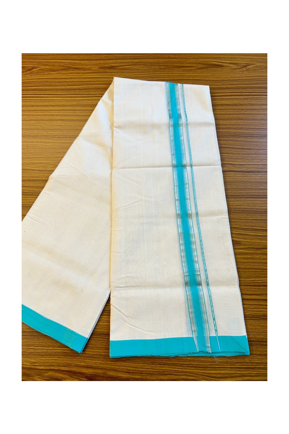 30% DISCOUNT! KaithariKada BALARAMAPURAM HANDLOOM UNAKKUPAAV - 100% PURE Cotton Off white (Unbleached) Double Mundu/Dhoti - Silver stripes Turquoise blue kara - 16KK72RAM