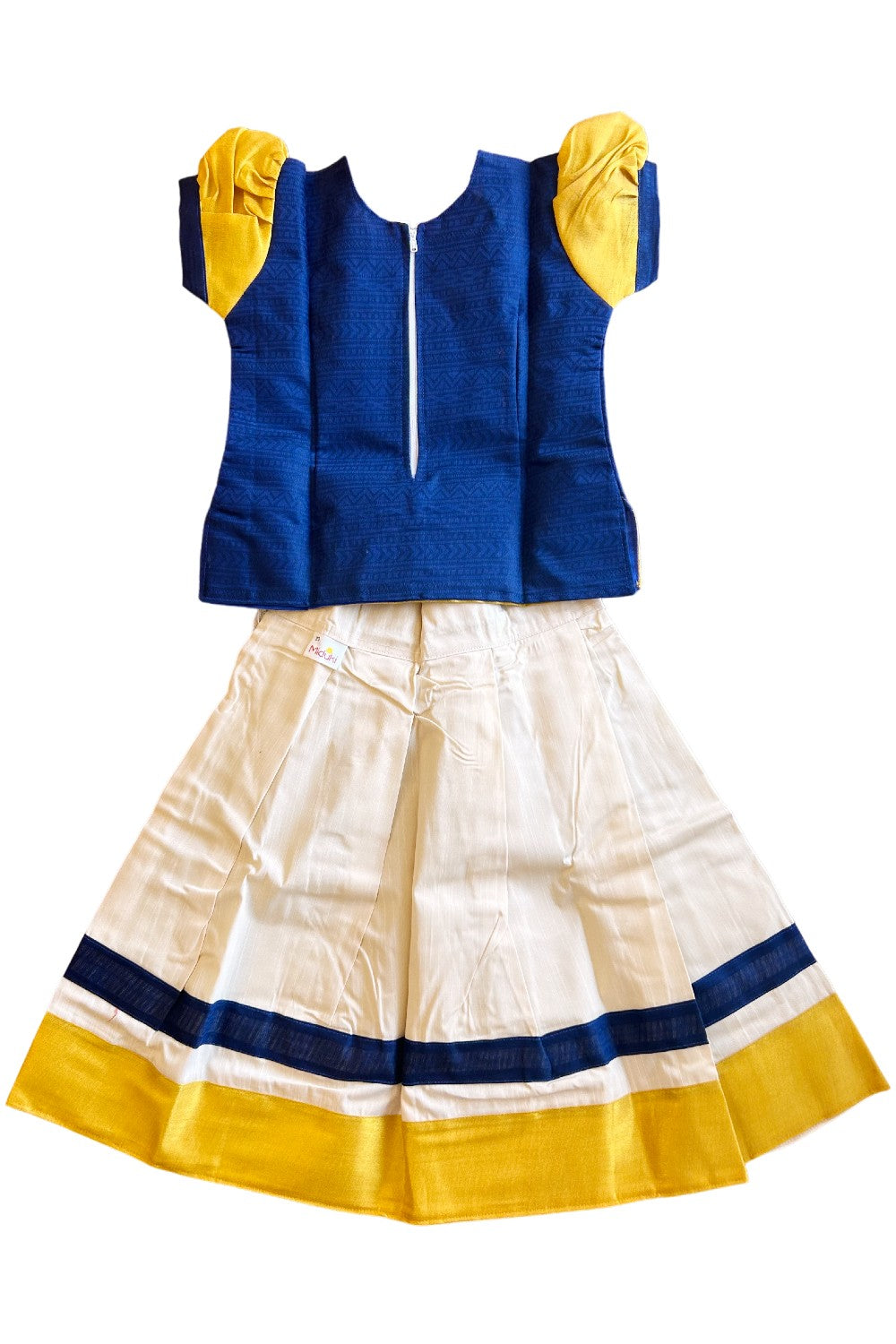 Midukki-Traditional South Indian Kids Pattu Pavada- Navy Blue top with emboss work offwhite skirt with kasavu - Age 4 - KK4MID0016