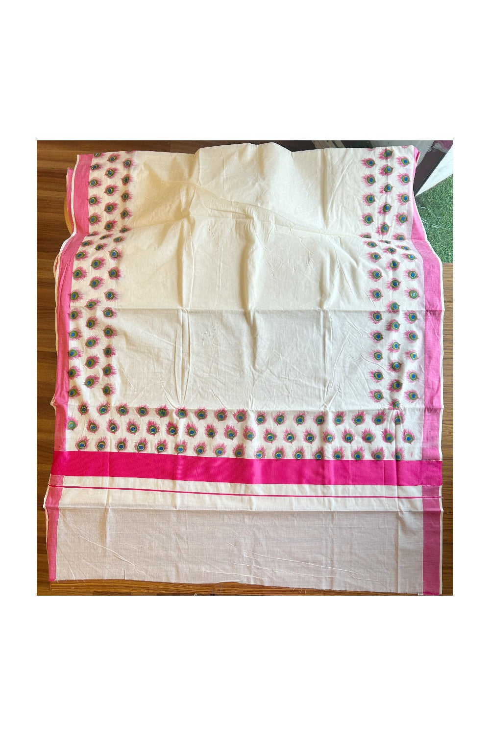 25% Discount! Kaitharikada Kerala Saree - Cotton Off white - Pink Kasavu with Peacock Prints- 16KK300VIN