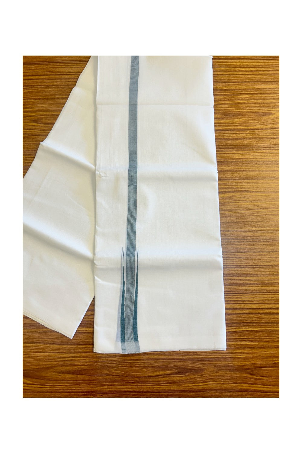25% Discount! KaithariKada Handloom Millpaav Balaramapuram 100% Cotton Pure white Double Mundu/Dhoti - 100x100 3 cm Green & Silver stripes Puliyilakkara Chutty - 16KK406ASH