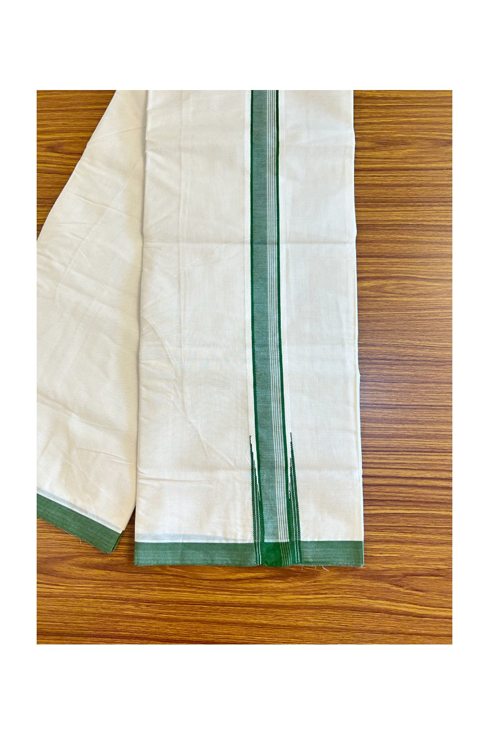 20% Discount! KaithariKada 100% Cotton Off White (Unbleached) Double Dhoti/Mundu- 2 inch Puliyilakkara Army Green Wings Chutty - 20KK455ASH