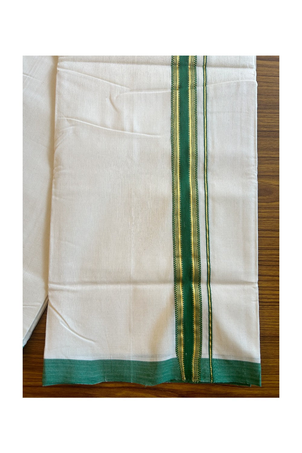 25% DISCOUNT!! KaithariKada HANDLOOM UNAKKUPAAV Balaramapuram - 100% PURE Cotton OFF White (Unbleached) Double Mundu/Dothi - 1.75 Inch Kasavu & Green striped pattern Kara - 16KK456KK