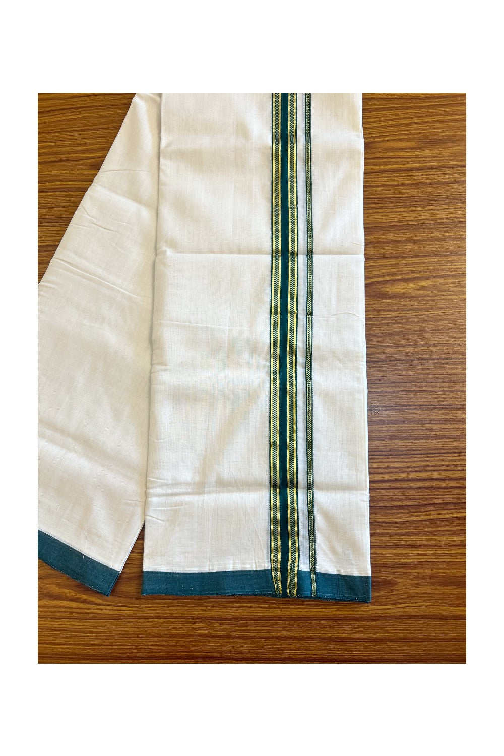 30% Discount!!! KaithariKada HANDLOOM UNAKKUPAAV Balaramapuram - 100% PURE Cotton off white (Unbleached) Double Mundu/Dhoti - 1.75 inch Kasavu & Dark green pattern kara - 16KK458SOM
