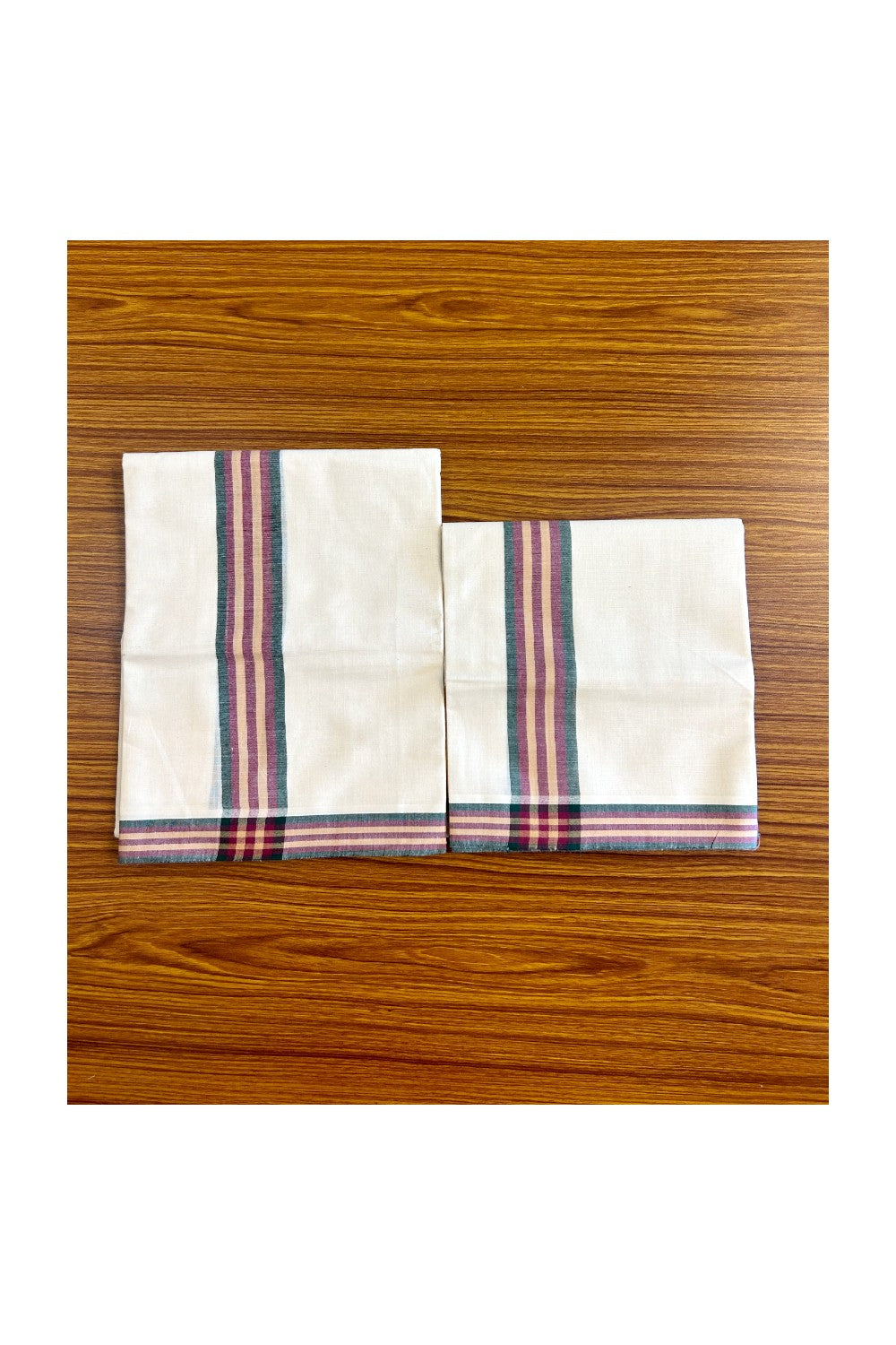 15% Discount!! KaithariKada - Kerala Cotton Single Set Mundu - EXTRA LENGTH - Green, Maroon & Yellow Stripes Mulloth Kara- 16KK472CKA
