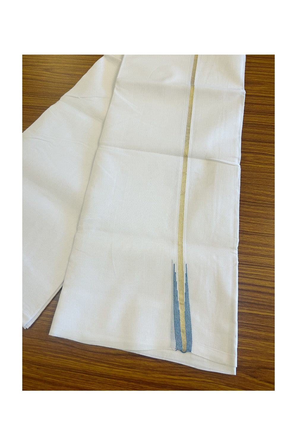 20% DISCOUNT!! KaithariKada Balaramapuram 100% Cotton PURE WHITE Double Mundu/Dhoti-100x100 0.75 inch Puliyilakkara kasavu 4 line blue striped chutty - 16KK481ASH