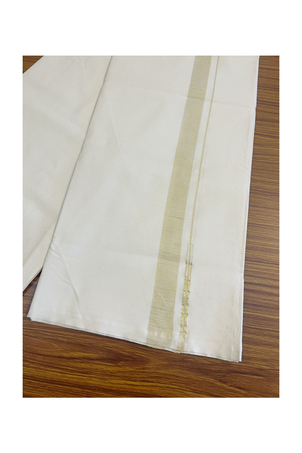 15% DISCOUNT ! KaithariKada Balaramapuram 100% COTTON SINGLE OFF WHITE - (Unbleached) Mundu/Dhoti-Twisted 100s Thread- 1. inch Gold Kasavu Puliyilakkara Chutty (2 meter / 4 muzham) - 3KK497ASH